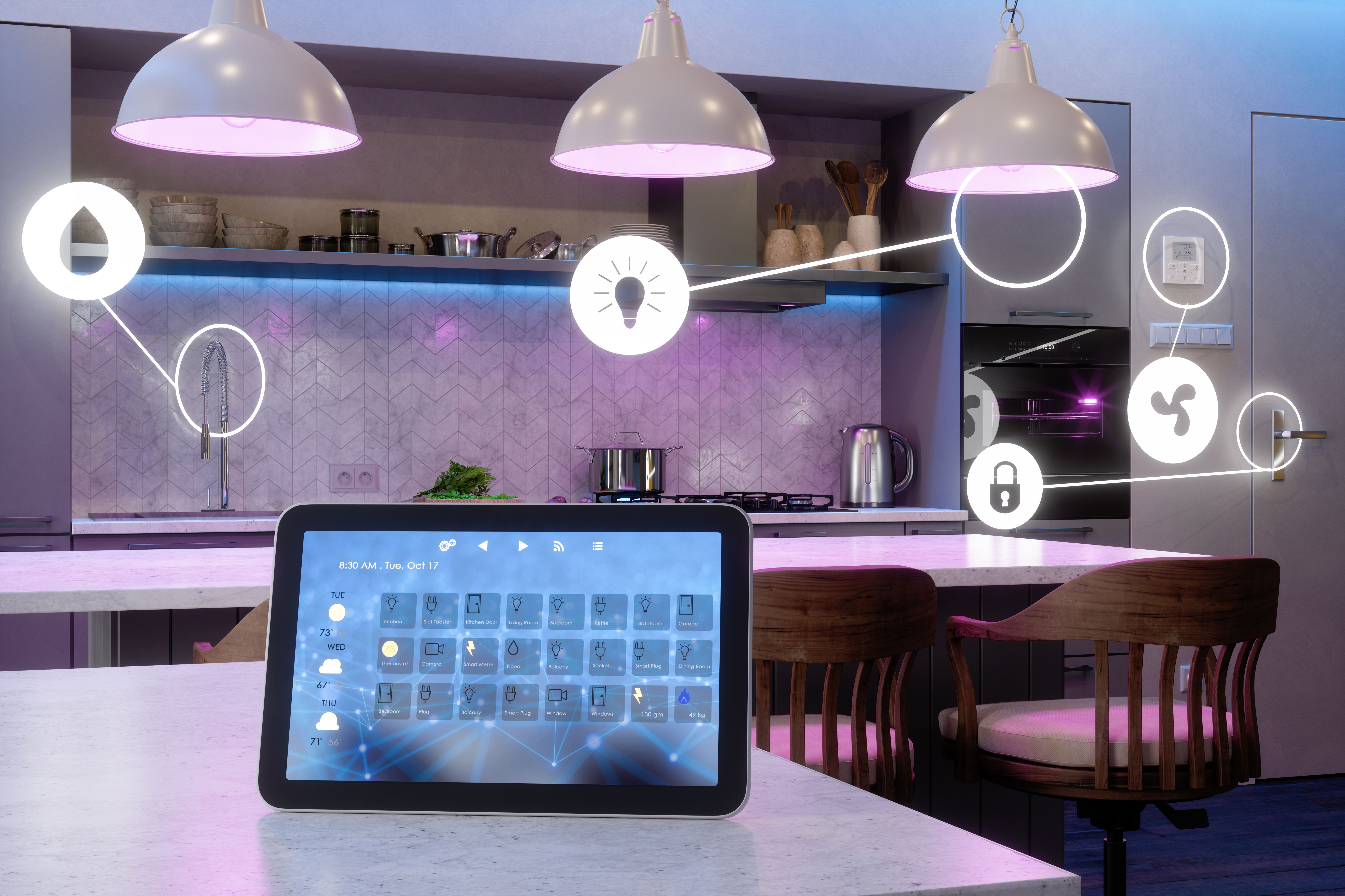 Kitchen Interior With Digital Tablet On Marble Table. Smart Home Control System With App Icons In Kitchen.