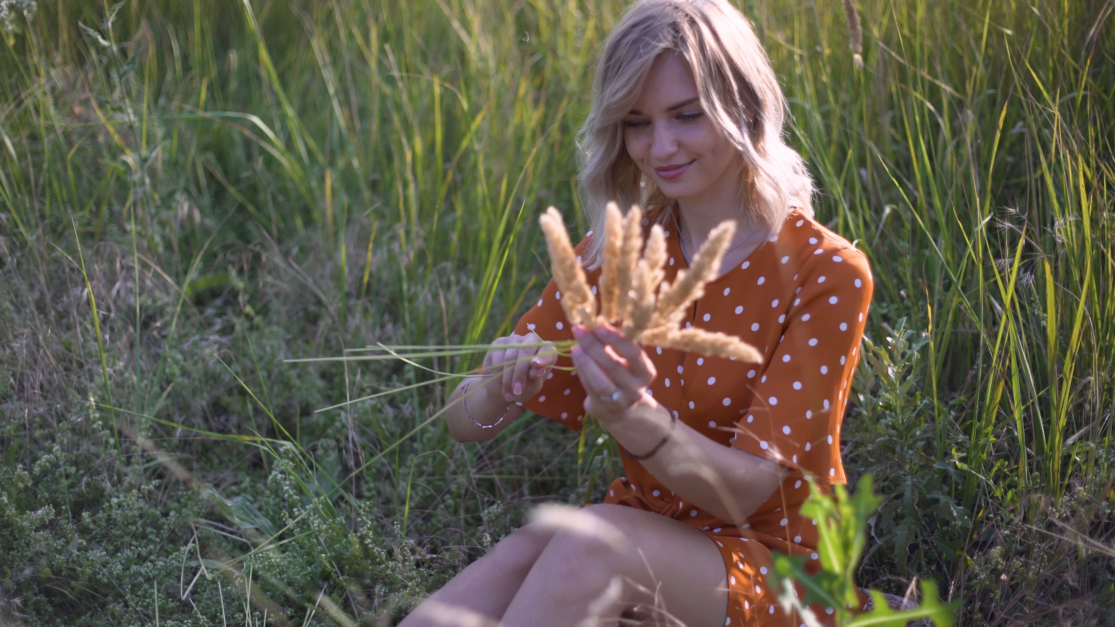 Beautiful young woman walks in the field collects a bouquet of flowers and spikelets. Portrait of attractive female on grass at sunset or sunrise