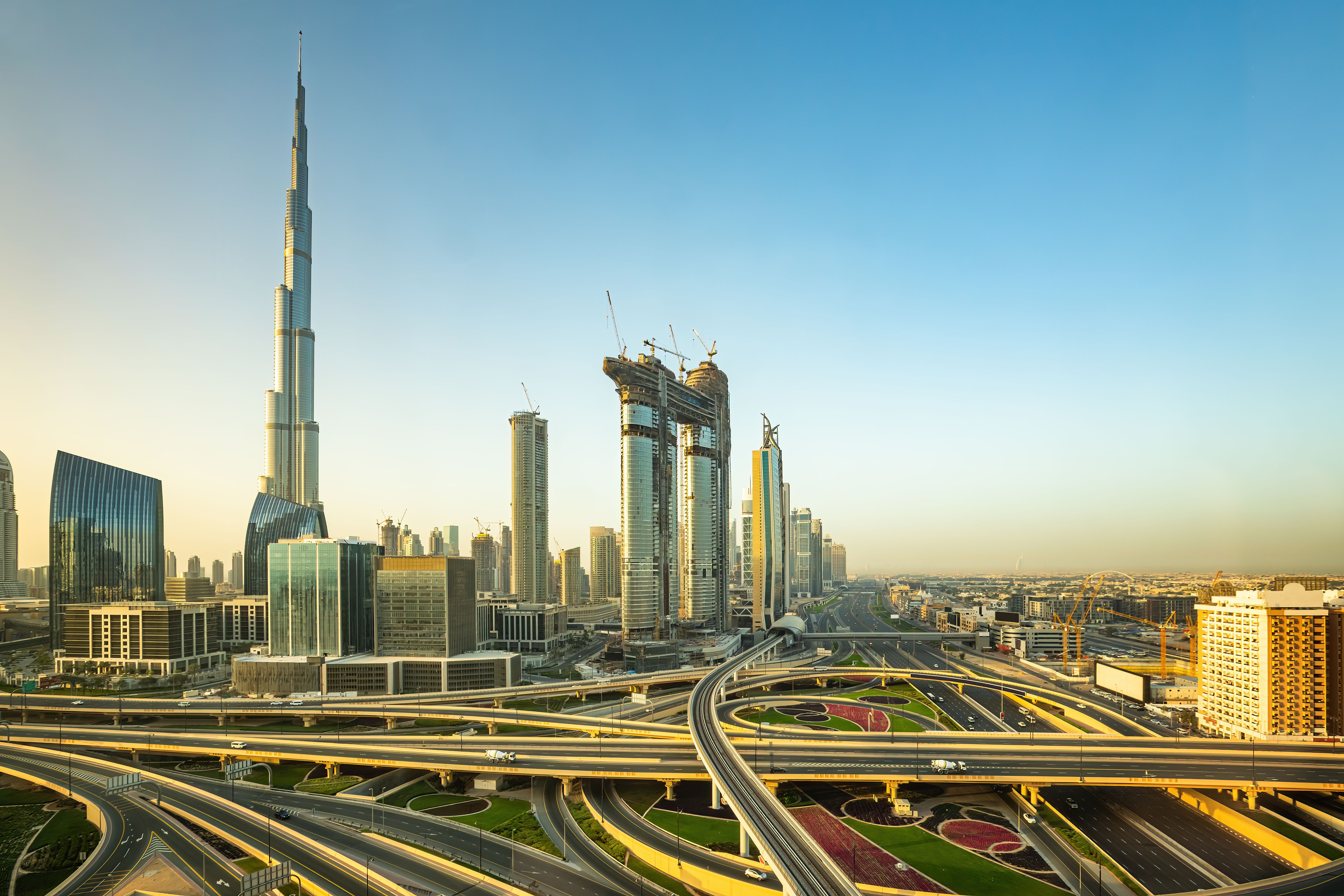 Modern skyscrapers and roads in Dubai, United Arab Emirates