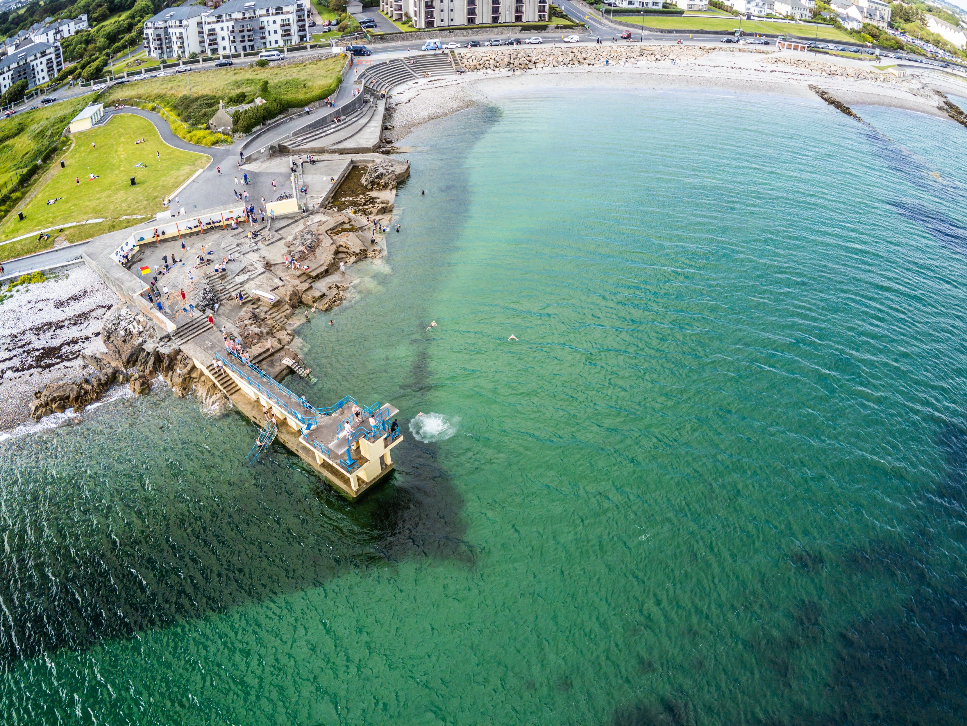 Aerial view of Blackrock beach with Diving tower in Salthill