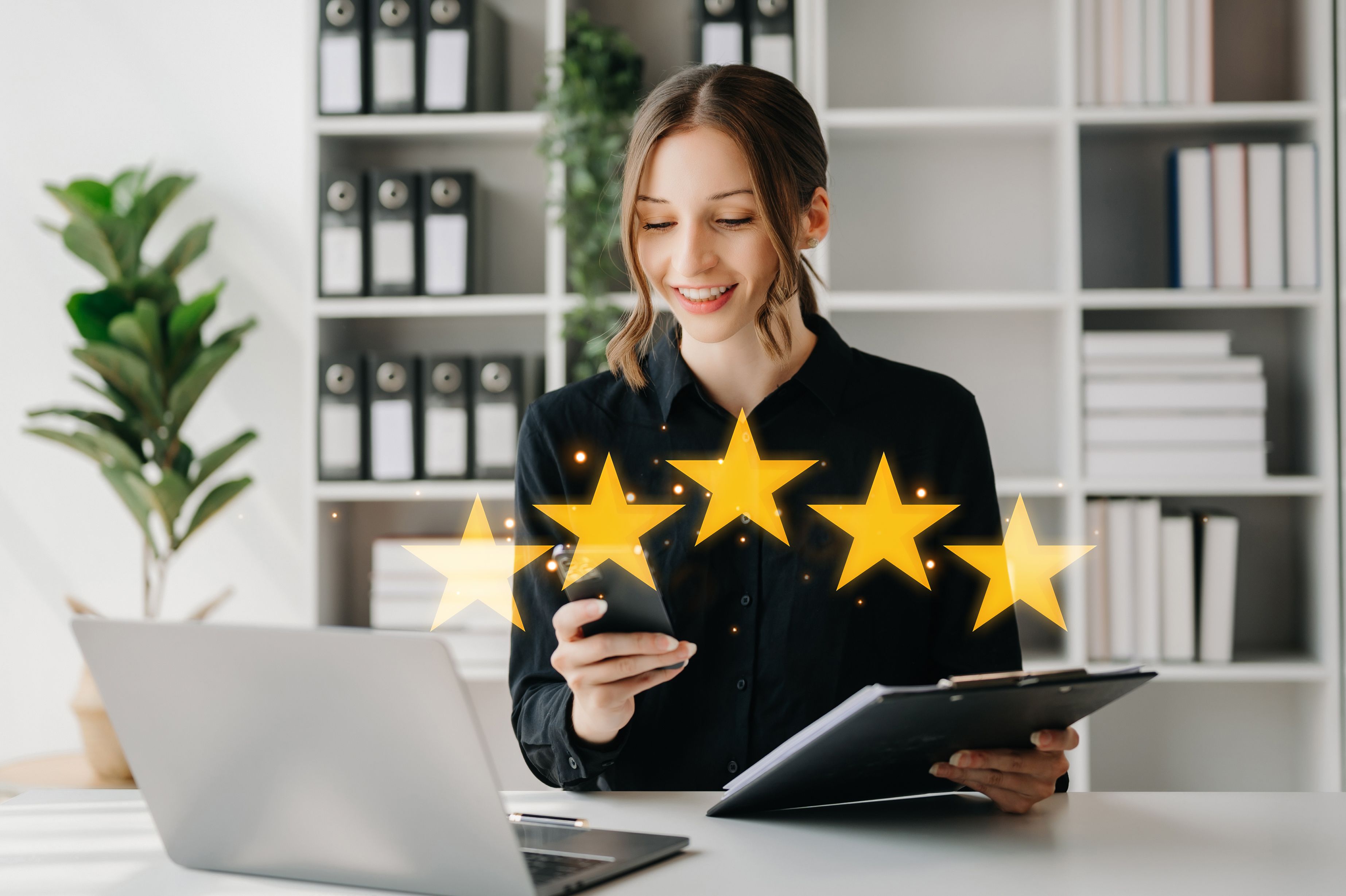 Customer or client the stars to complete five stars. with copy space. giving a five star rating. Service rating, satisfaction concept. in office