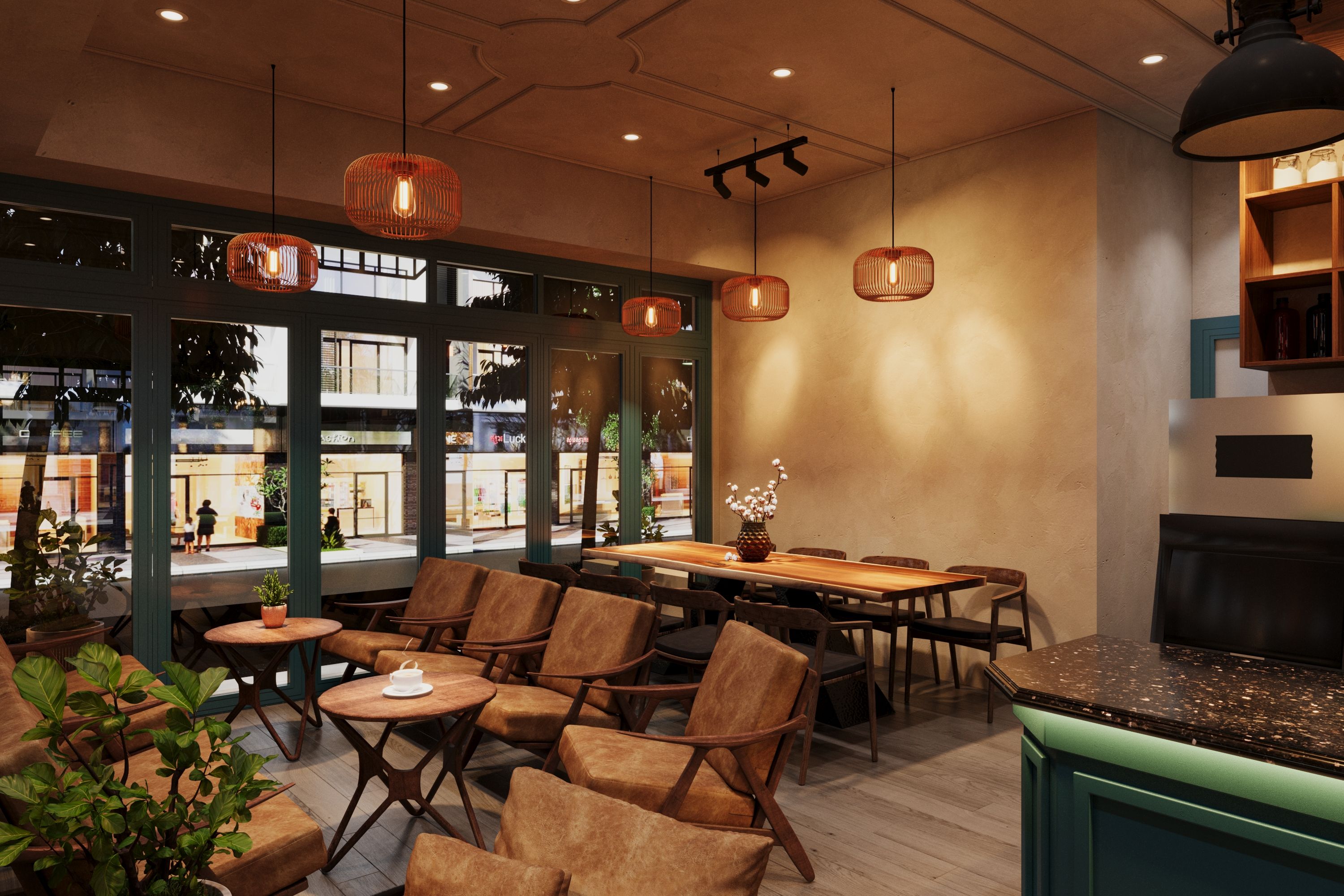 The interior of a cozy modern restaurant with chairs, a table, flowers, coffee, nest light hanging on the ceiling. The interior of a cozy modern restaurant with chairs, a table, flowers, coffee, nest light hanging on the ceiling.