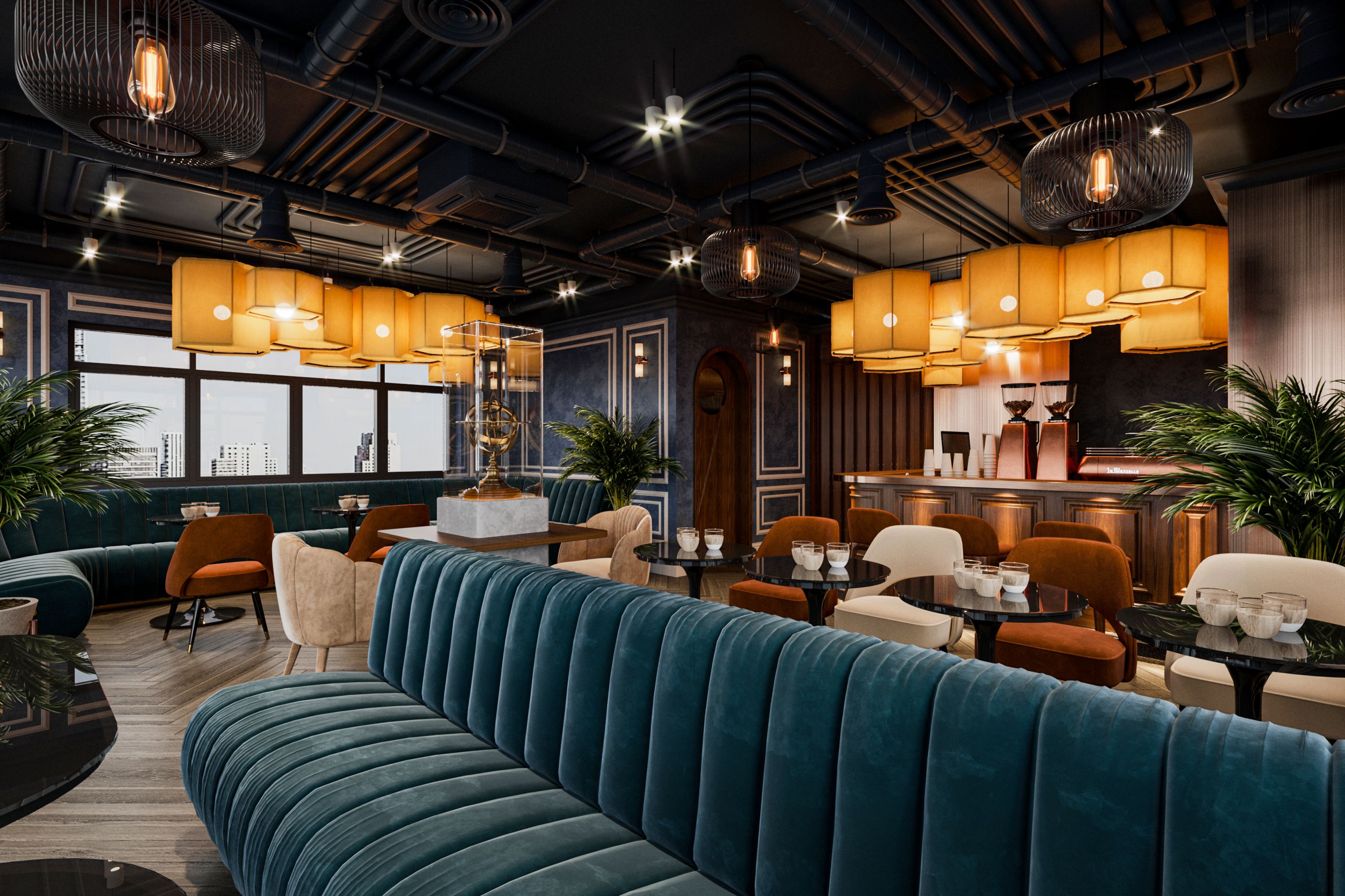 Modern restaurant interior with an industrial style and luxurious furniture.