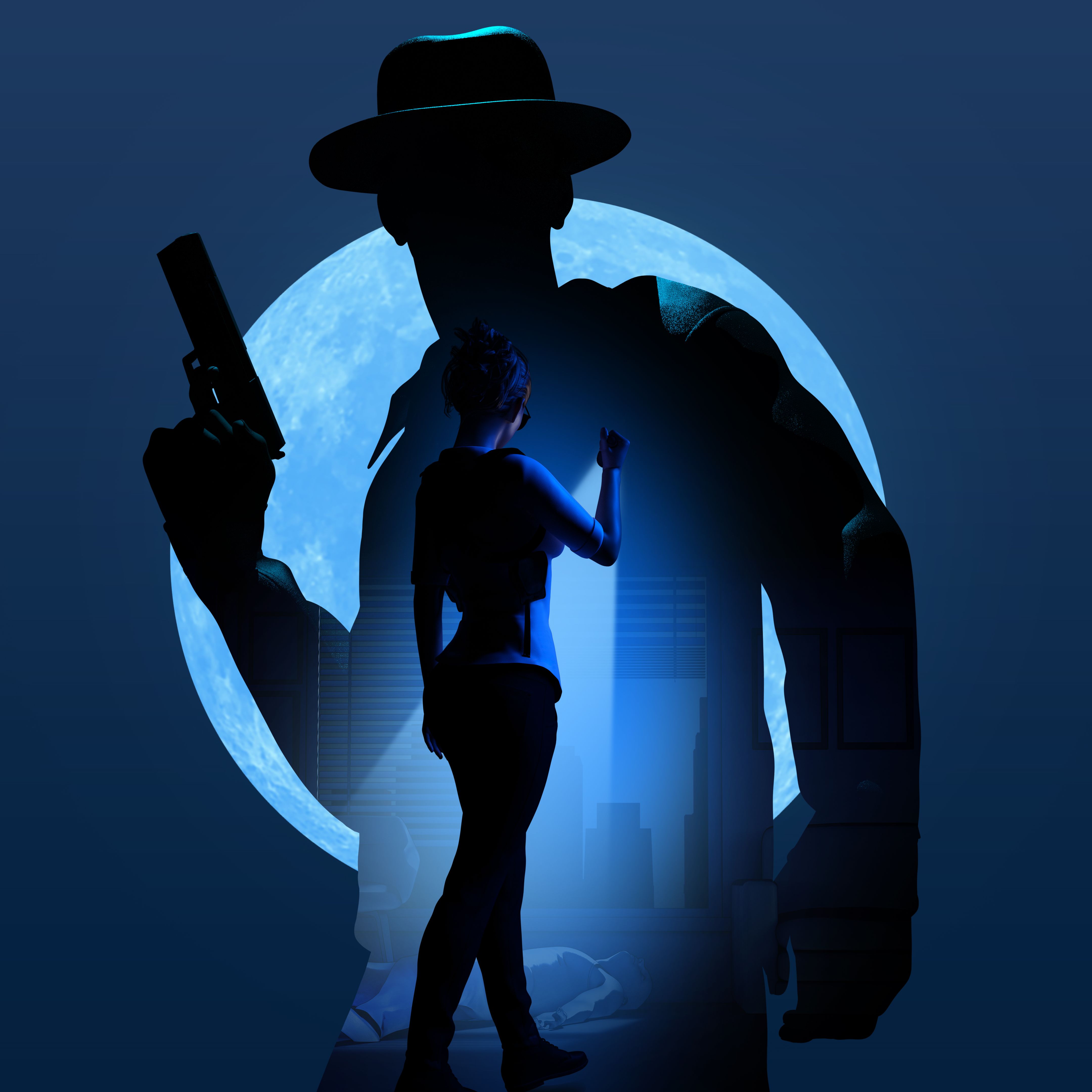 3d render illustration of male detective or mobster with gun silhouette and female investigator on dark blue background.