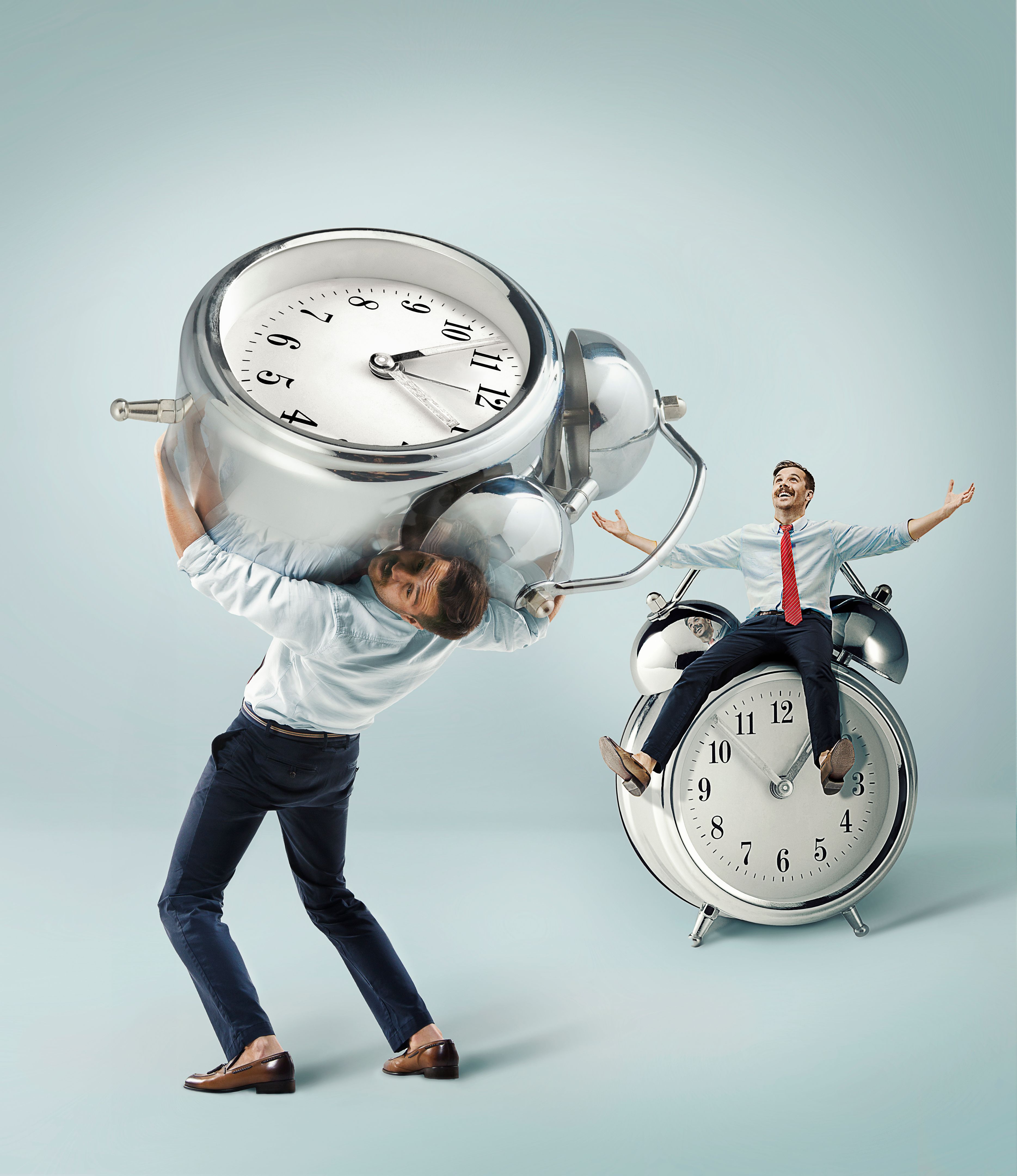 Collage of businessman with clock on white