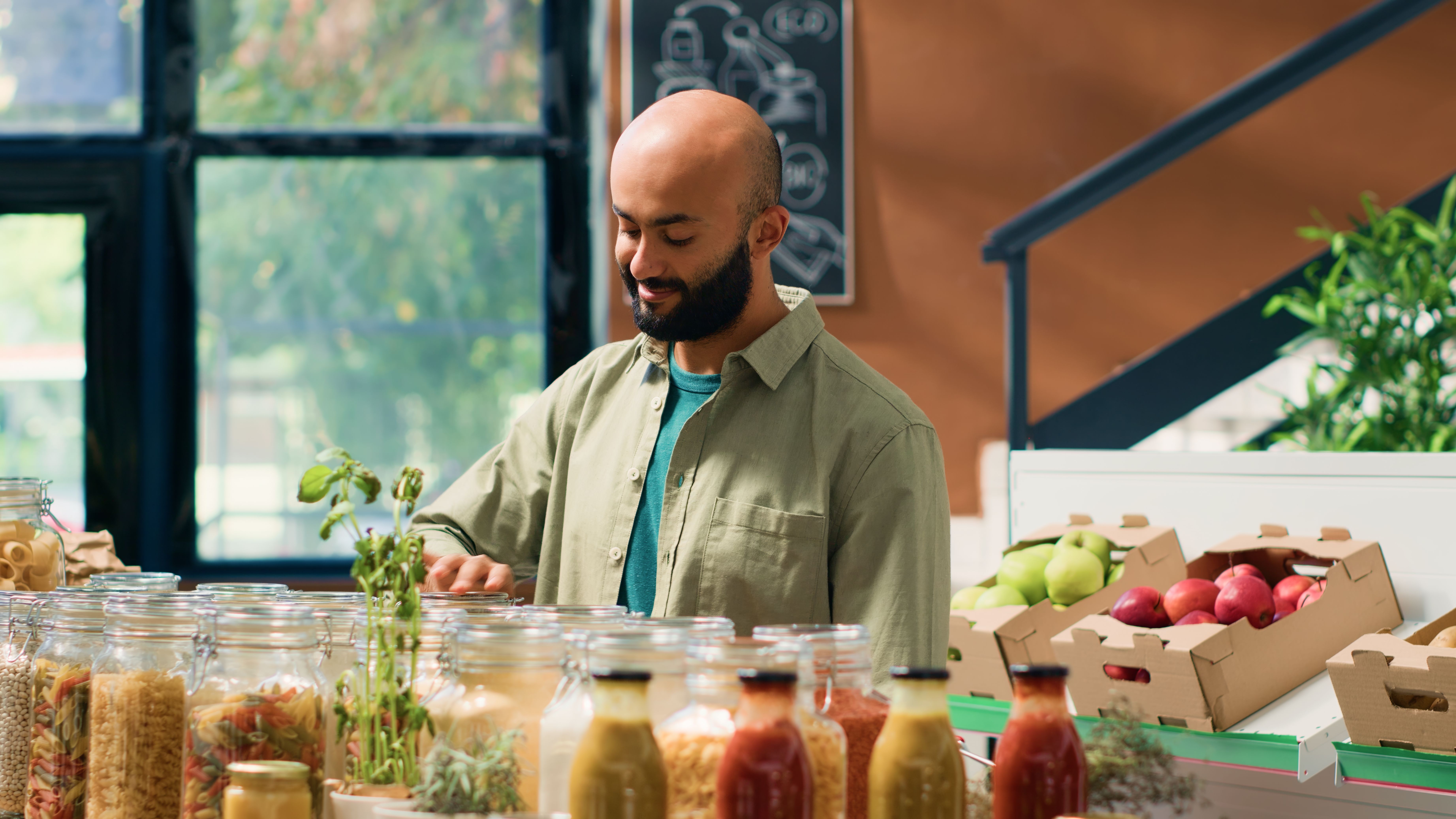 Young man explores eco friendly store Young man explores eco friendly store