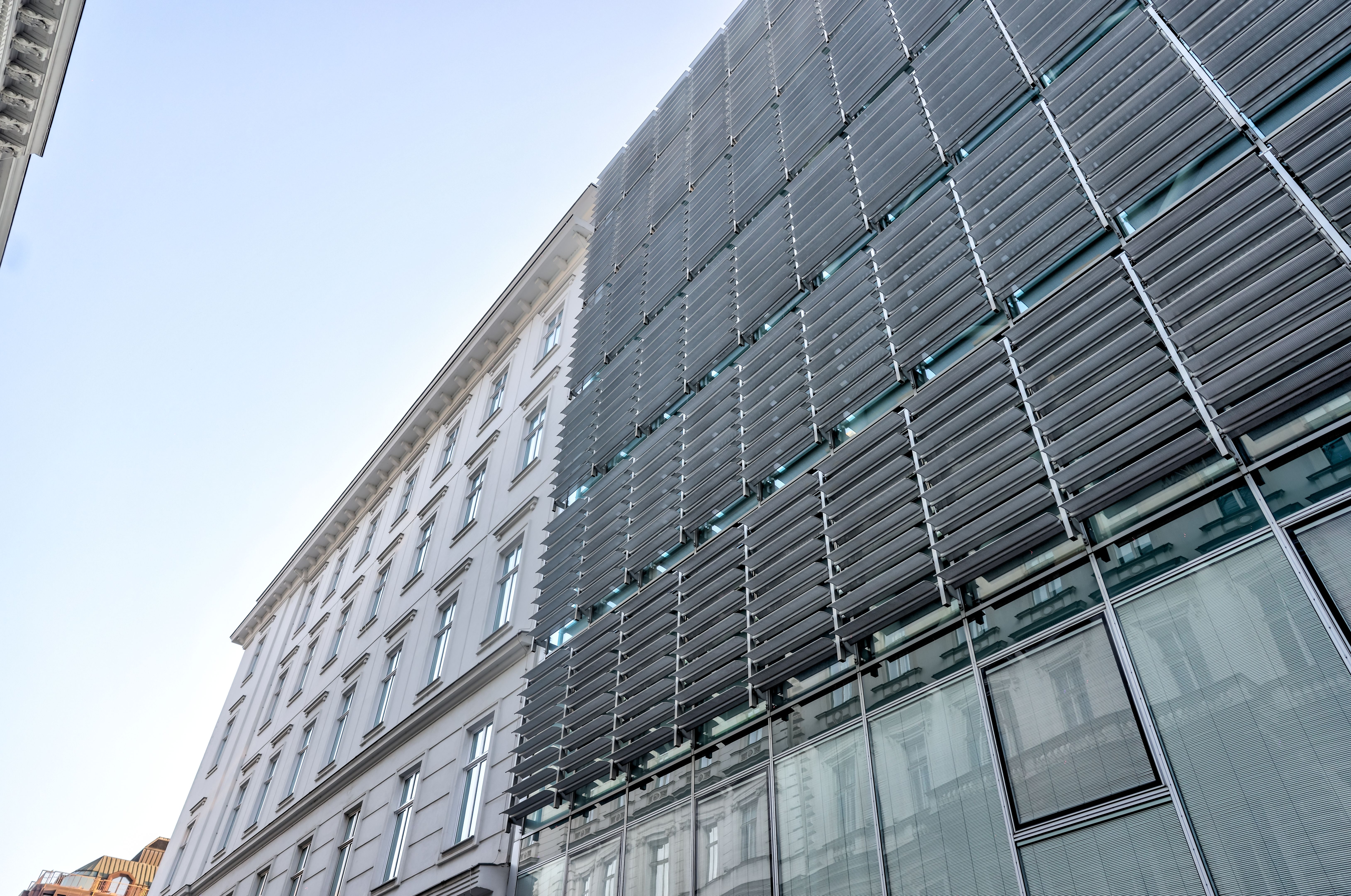 A modern building facade in the early morning in Vienna