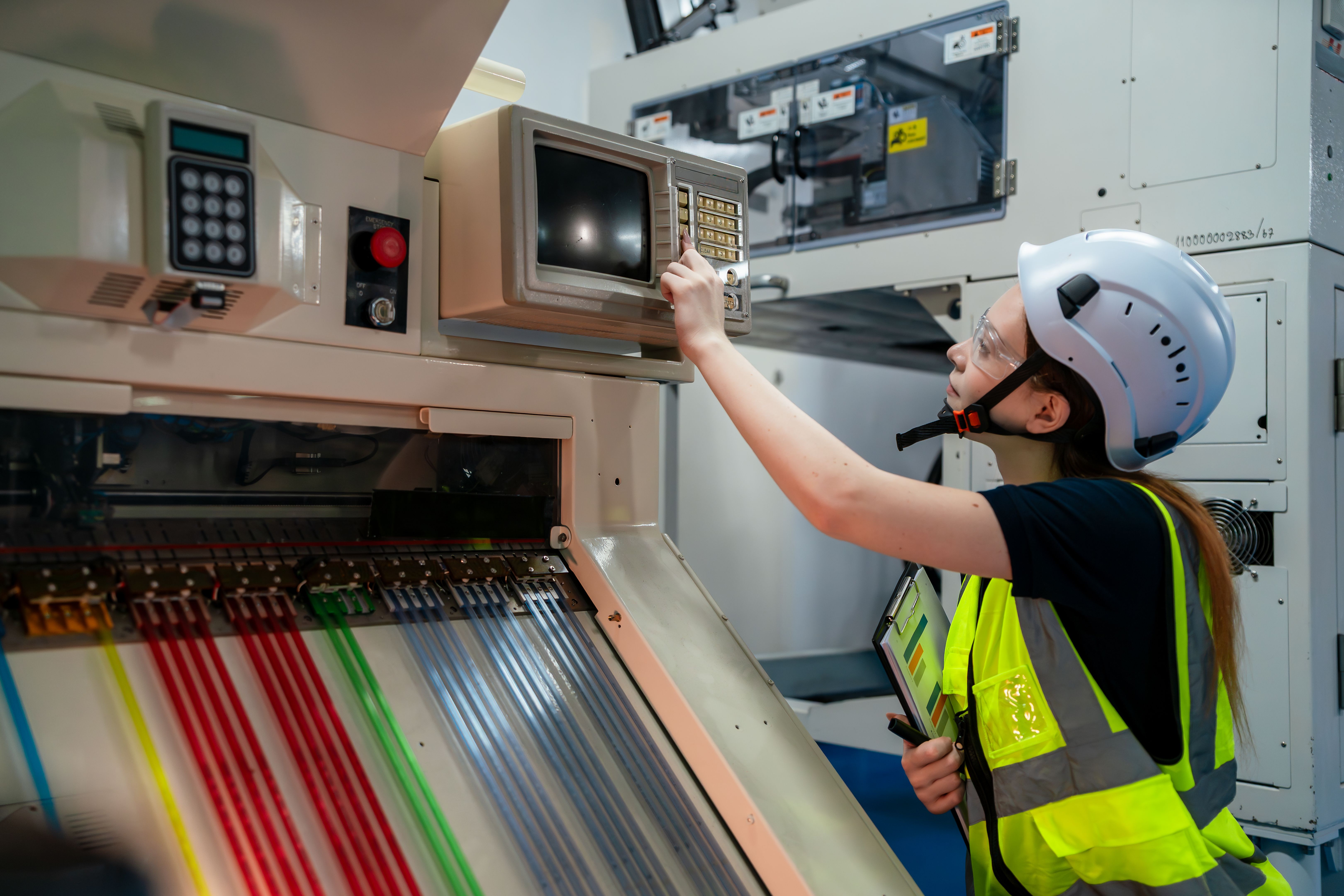 A woman wearing a yellow vest and a hard hat is looking at a computer screen. Concept of Industry 4.0 with diverse engineers collaborating on automation technology.