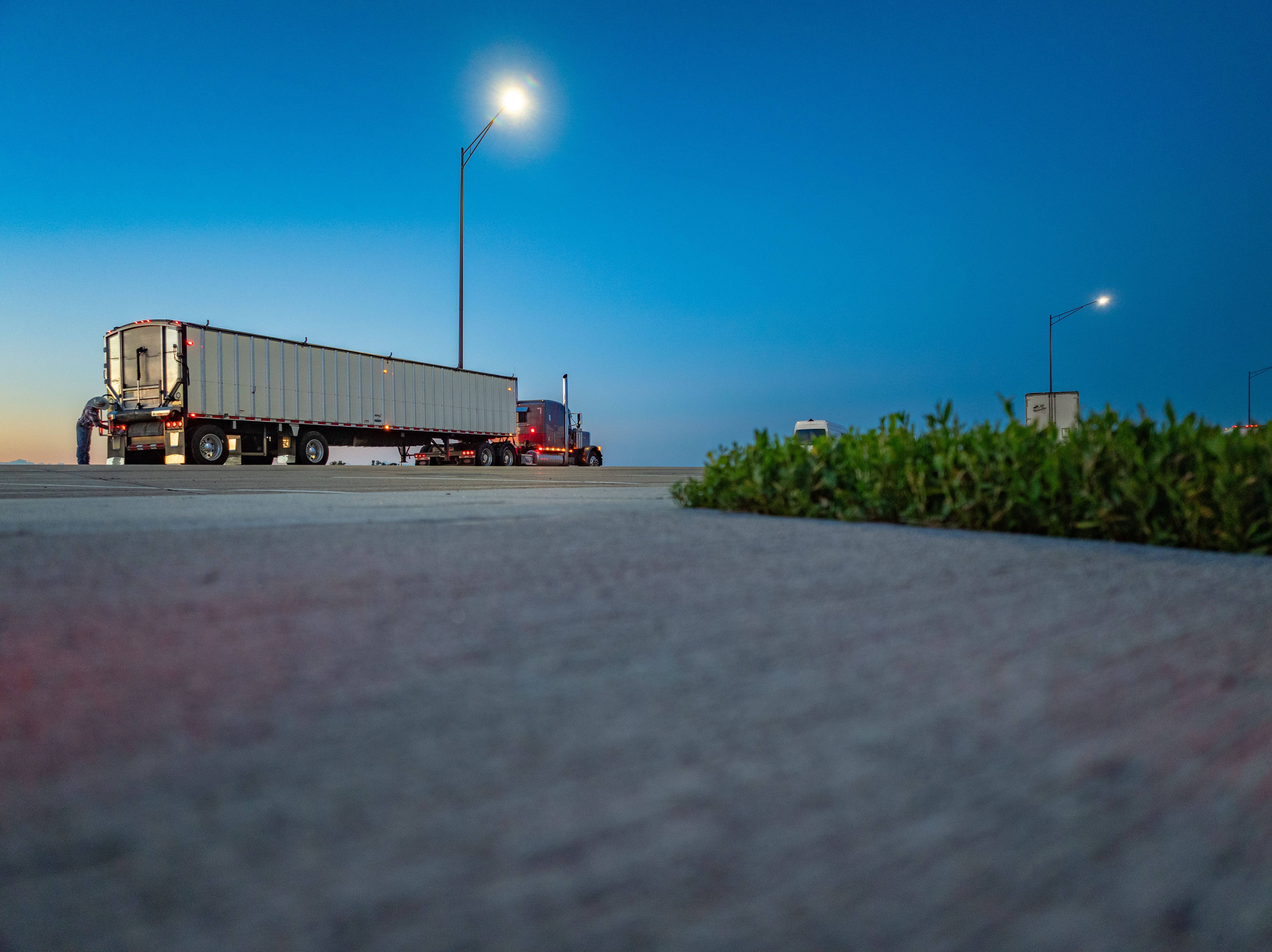 Salem Rest Area Eastbound and I-90 Highway at dusk close to Sioux Falls, Salem, South Dakota, USA