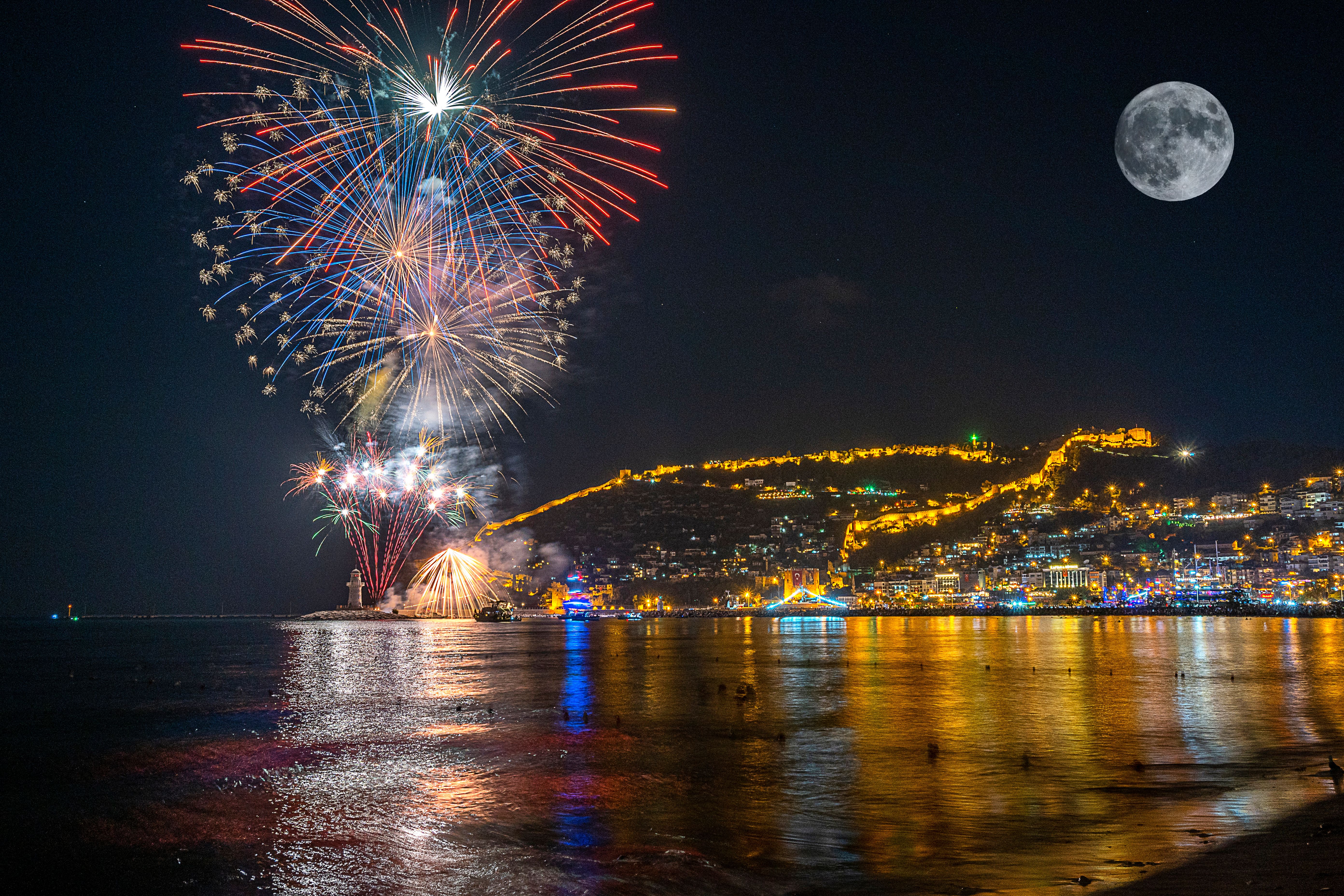 Fireworks to Alanya/Turkey in night, super moon Fireworks to Alanya/Turkey in night, super moon