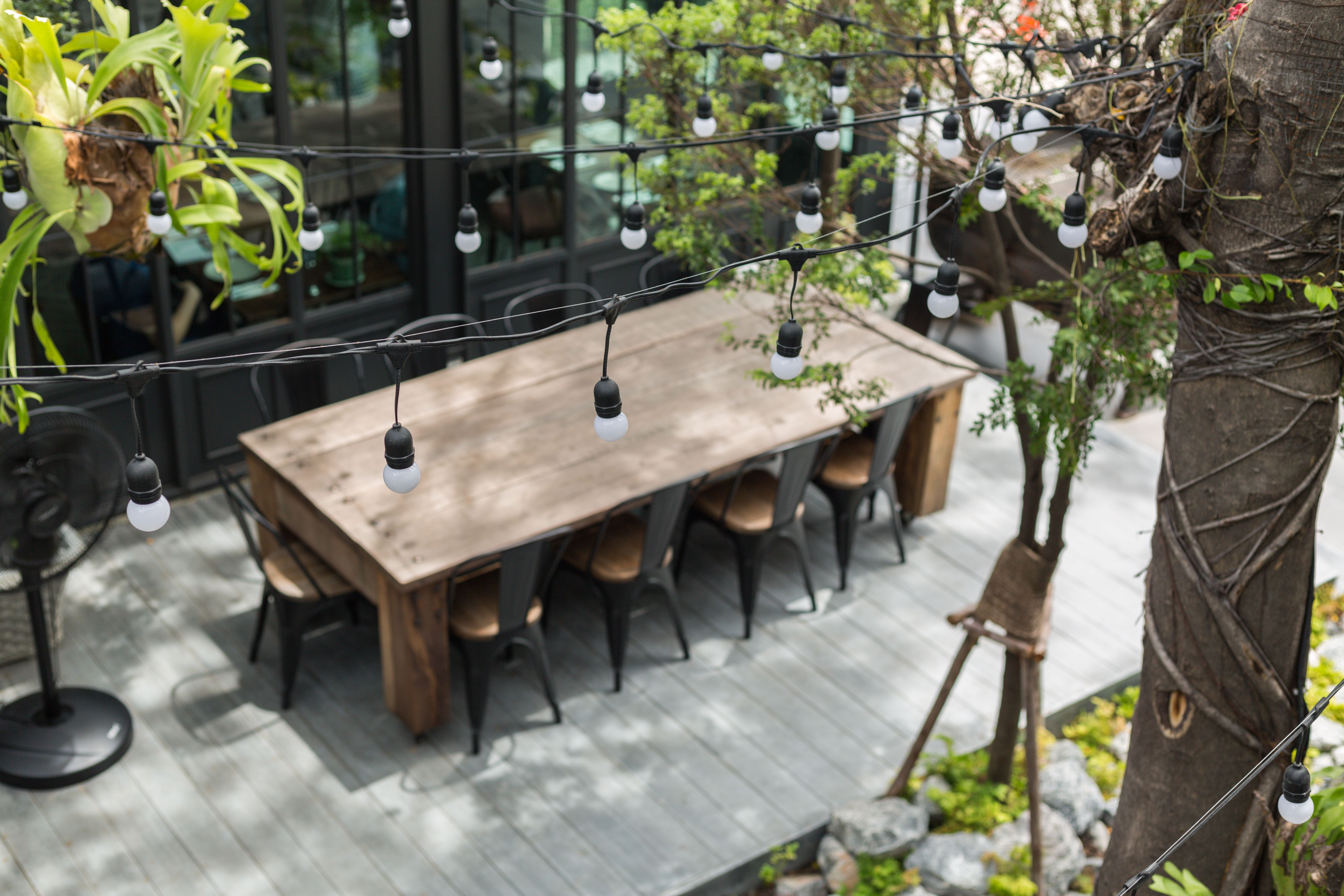 Dining table in backyard garden