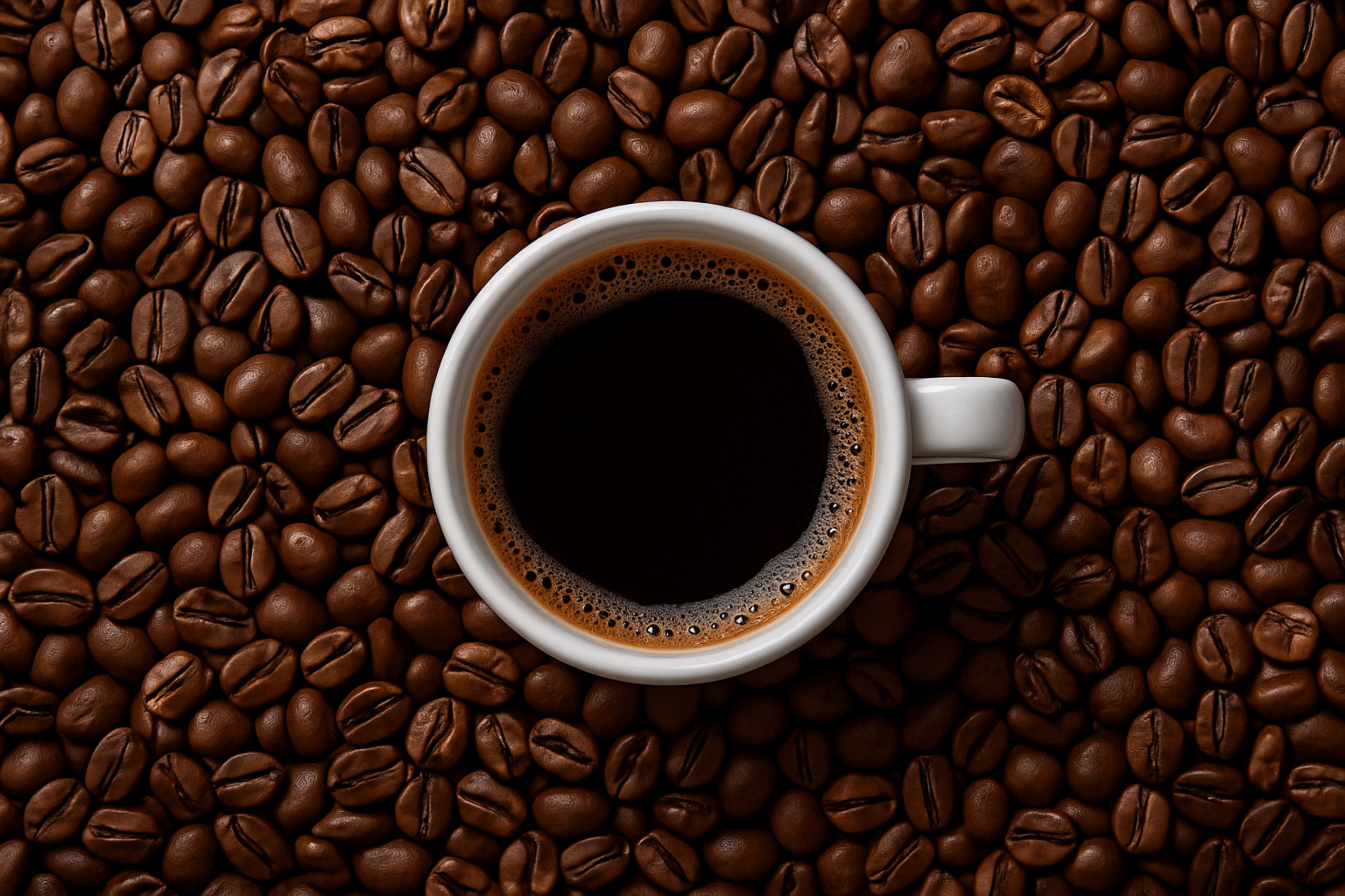 White cup of black coffee on coffee beans background, top view