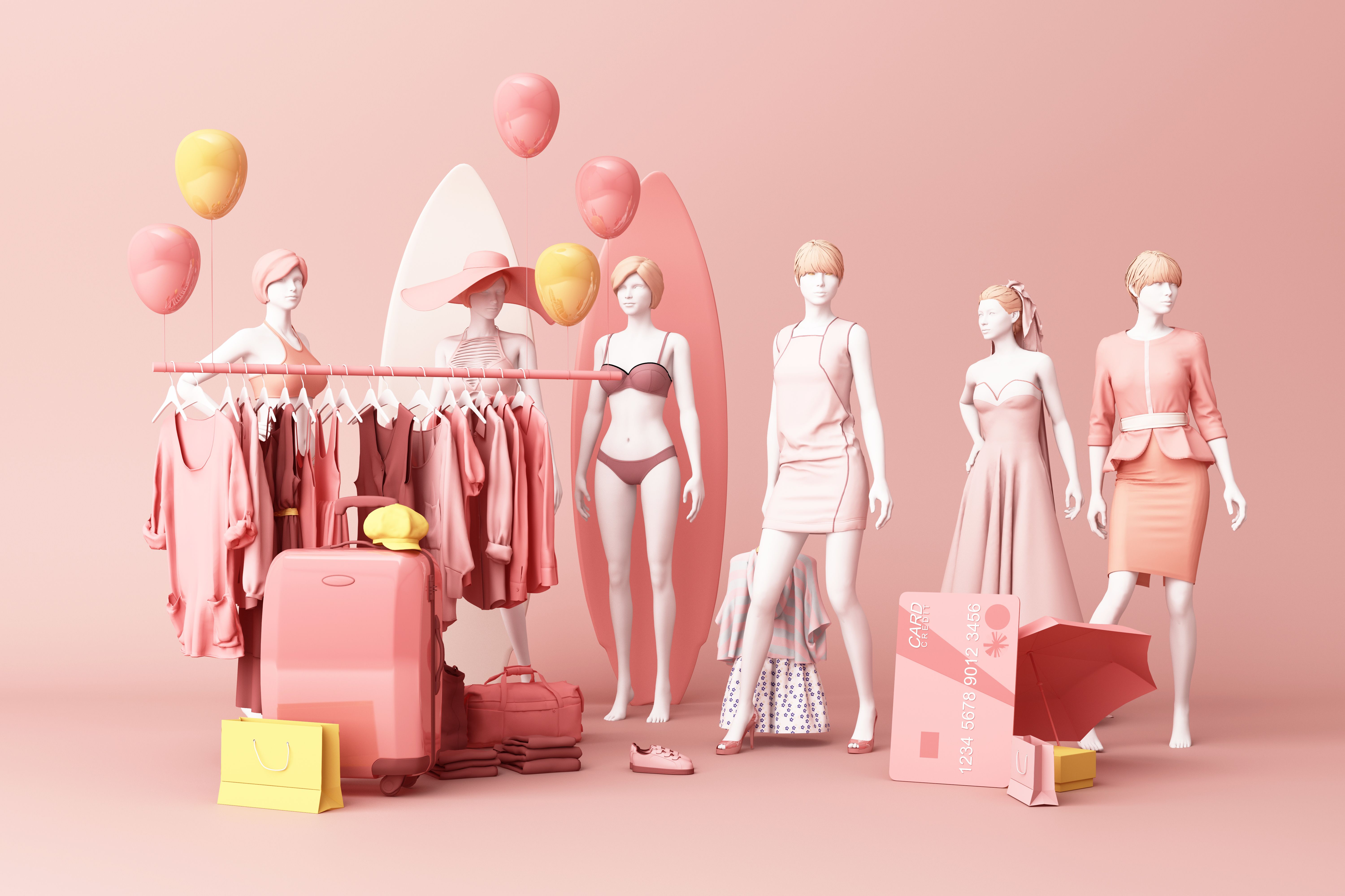 Clothes mannequinson a hanger surrounding by bag and market prop with credit card on the floor. 3d rendering