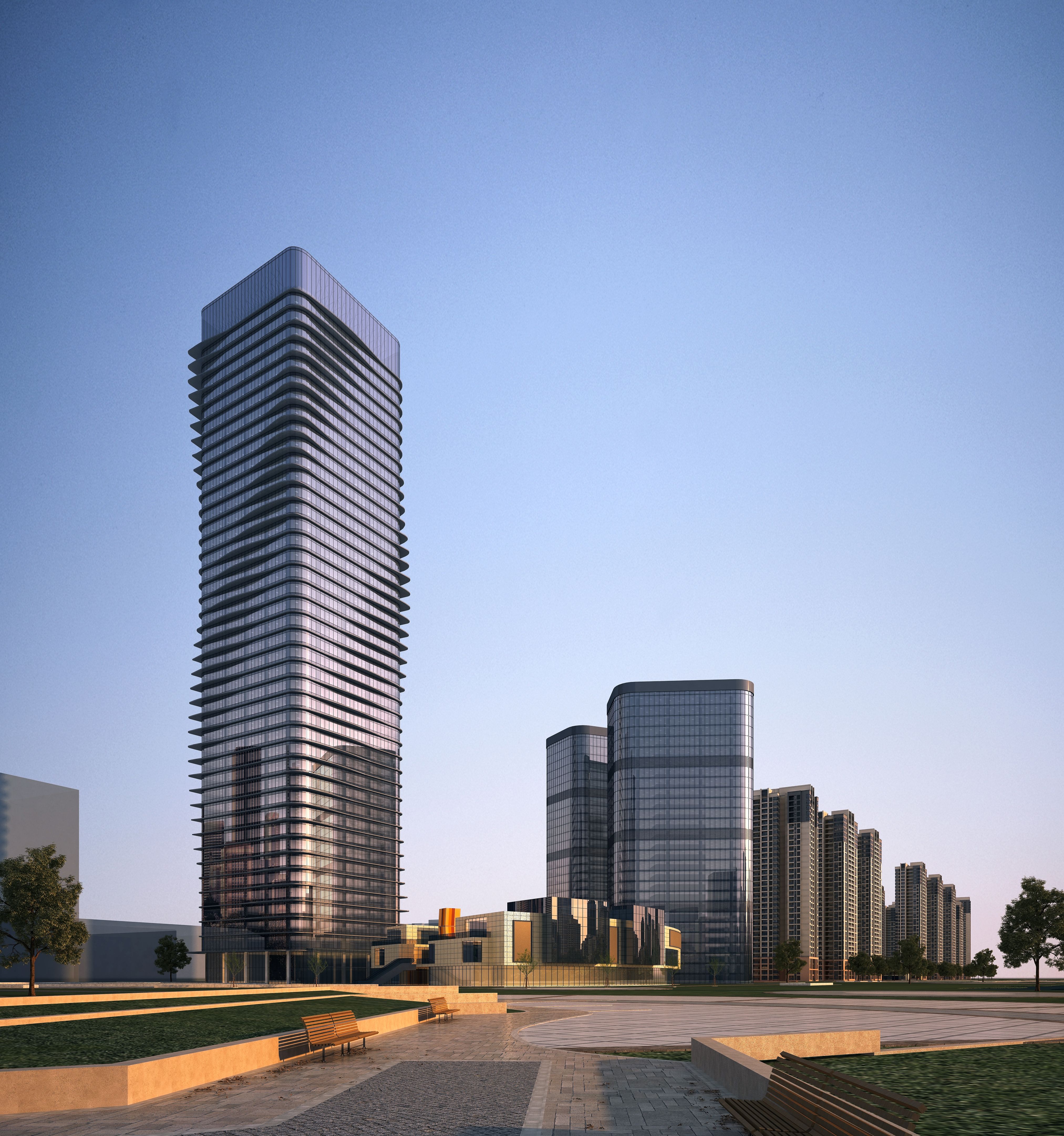 3d render of skyscrapers  shopping mall exterior view at night