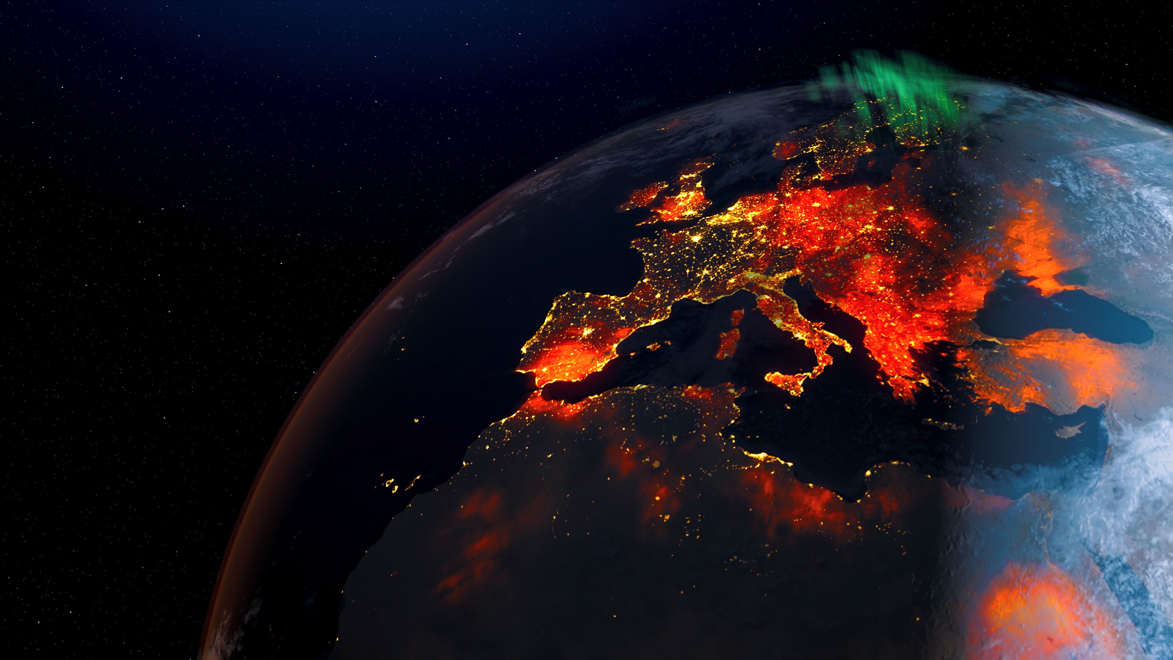 Concept of Earth wildfire view from space rotation day to night skyline. Greenhouse gas effect. Realistic 3d rendering animation. elements of this image furnished by NASA.