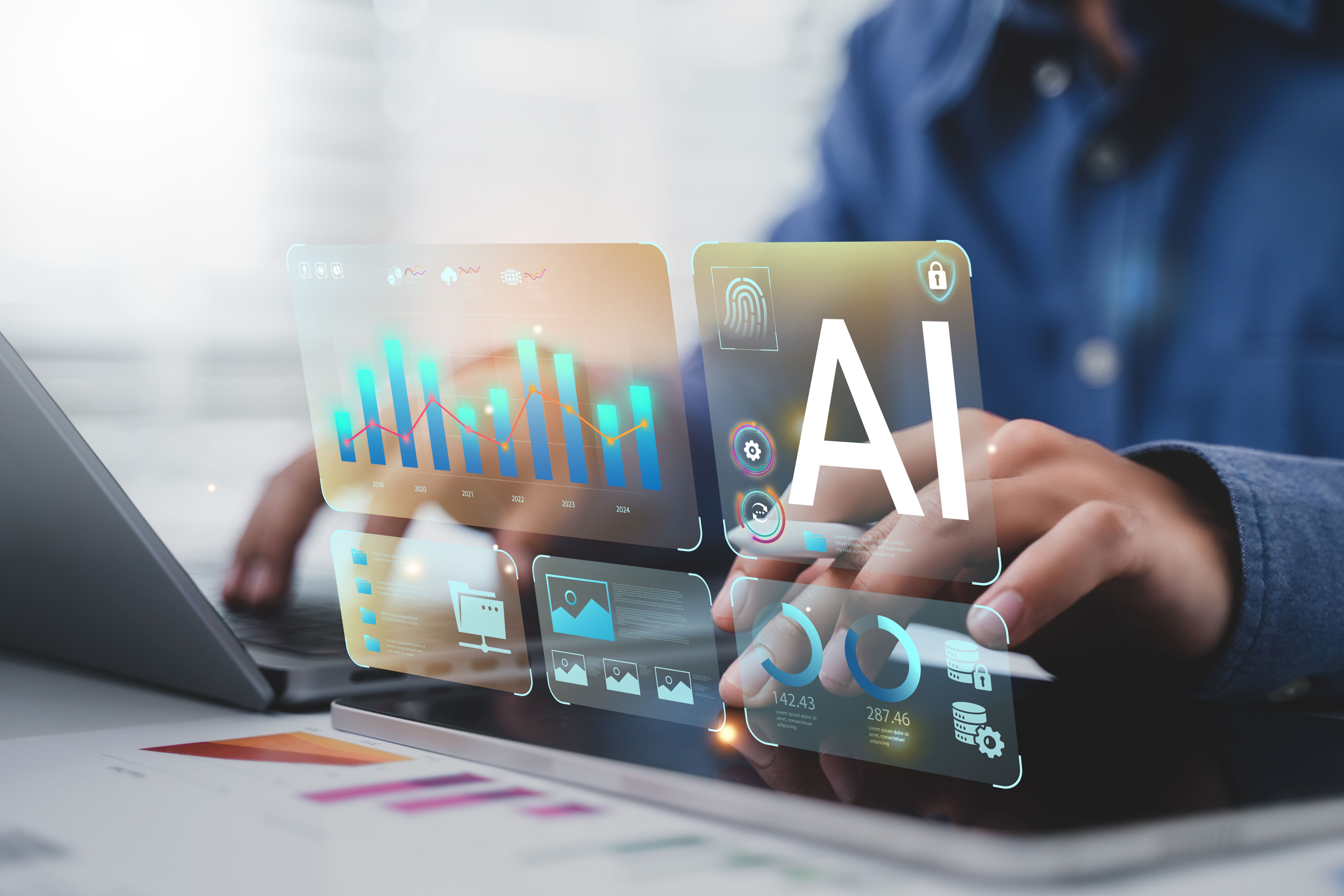 AI content creation tools: Man uses laptop with AI assistant for graphic design, translation, chatbot, image creation, coding, and advertising.