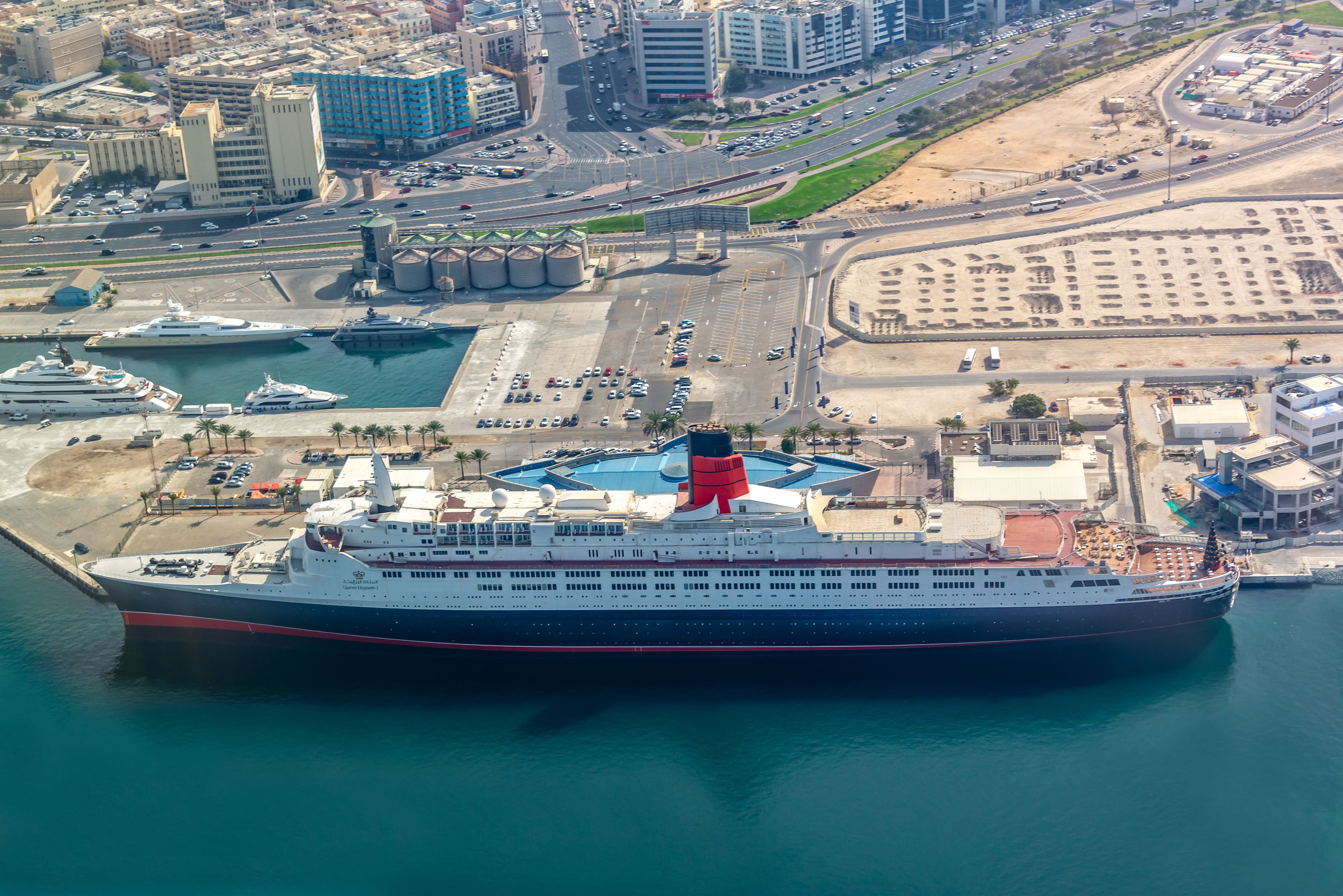 Aerial view of ship Queen ELizabeth 2 in the port of Dubai, United Arab Emirates
