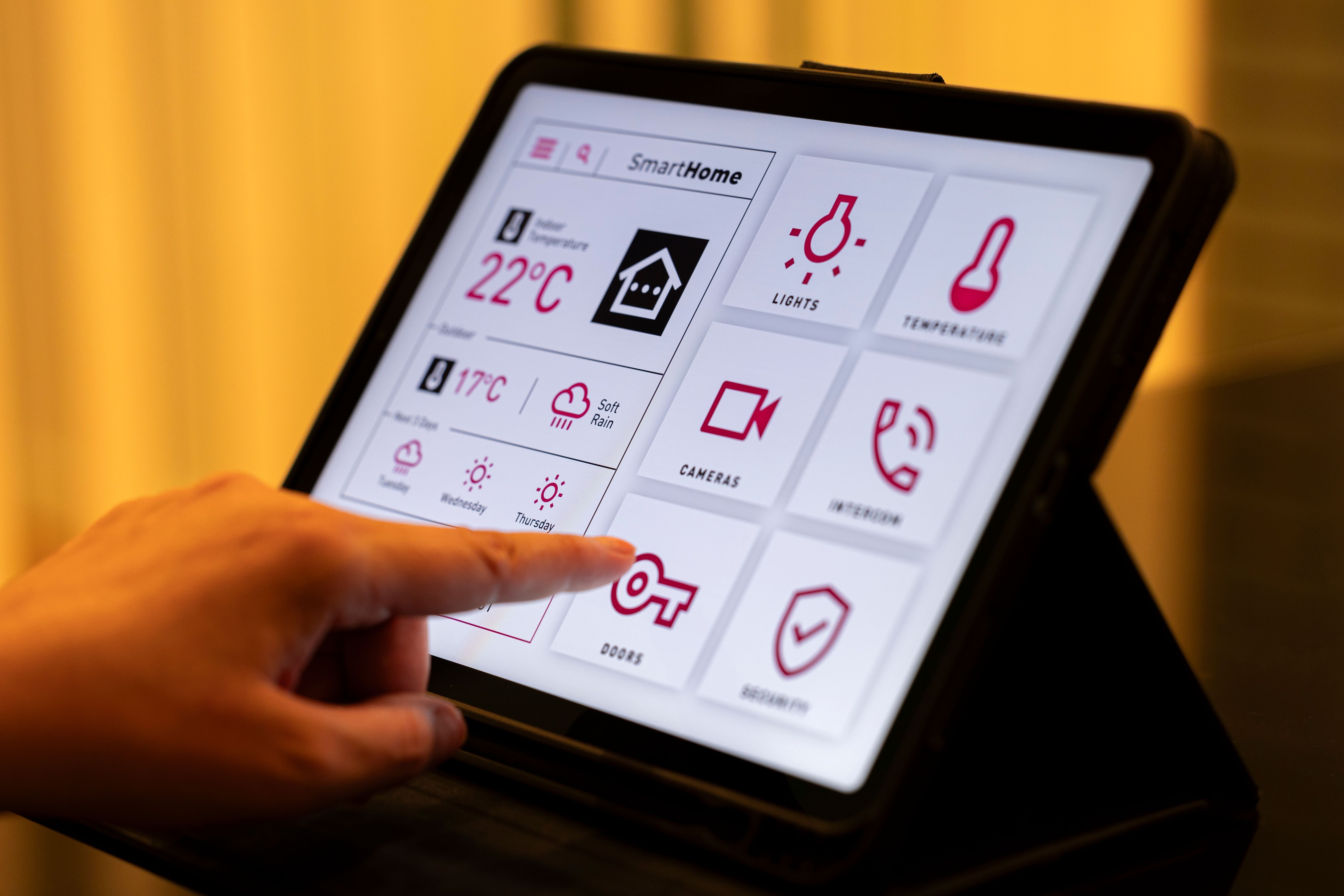 Smart Home Control Tablet with Interactive UI in Cozy Living Room at Night