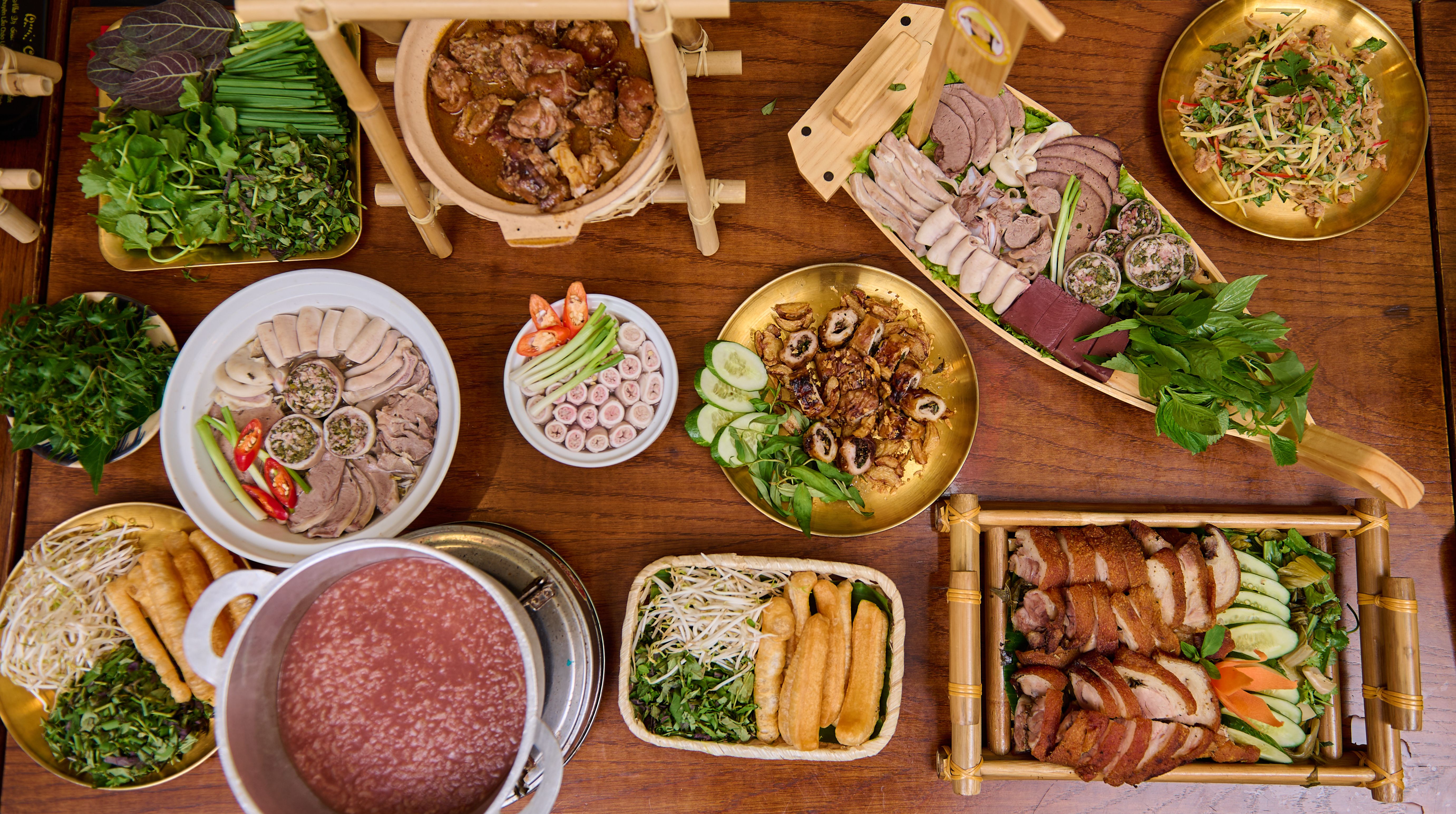 All vietnamese food in wooden table