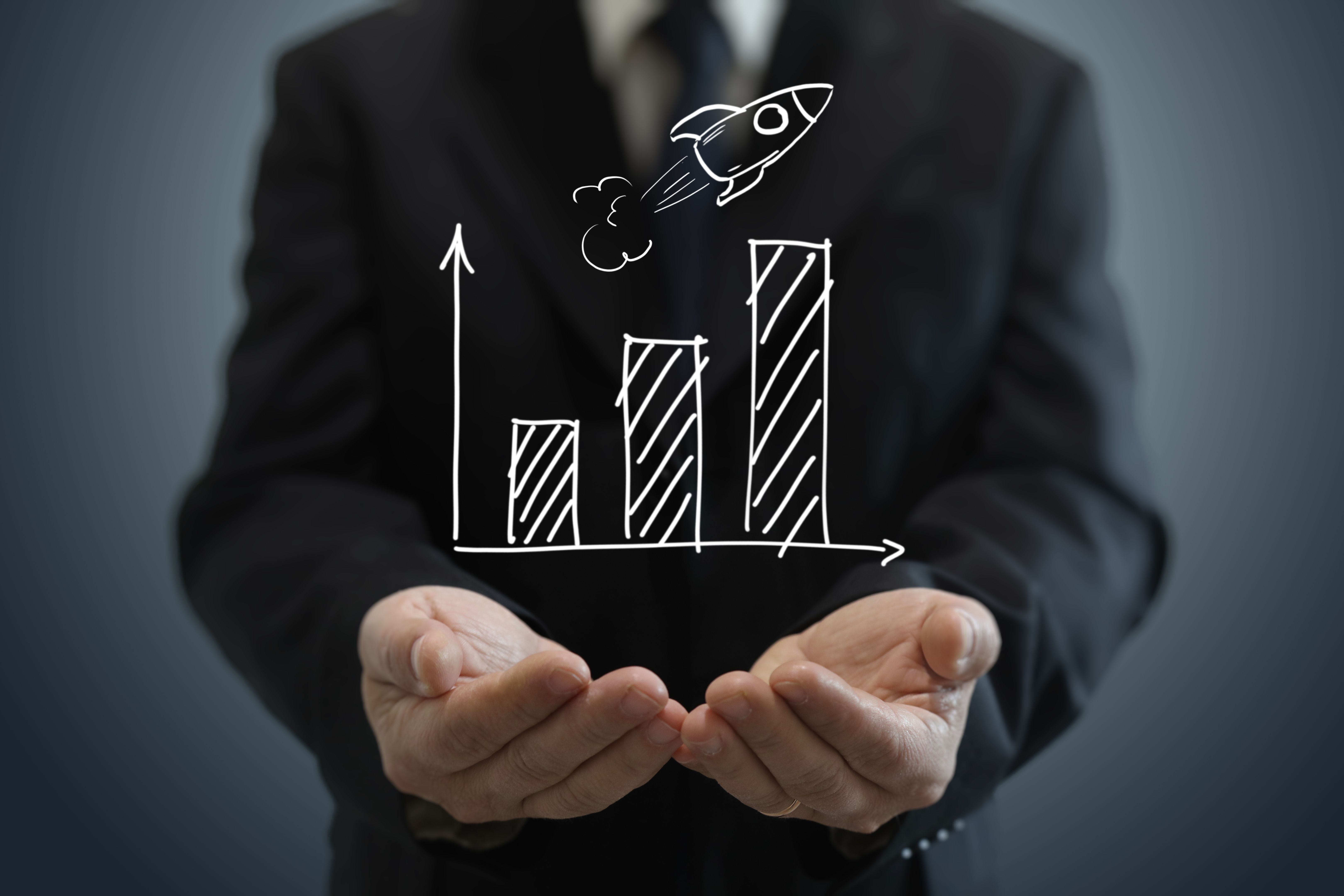 Crescimento de liderança de sucesso de empresários gráfico futuro foguete