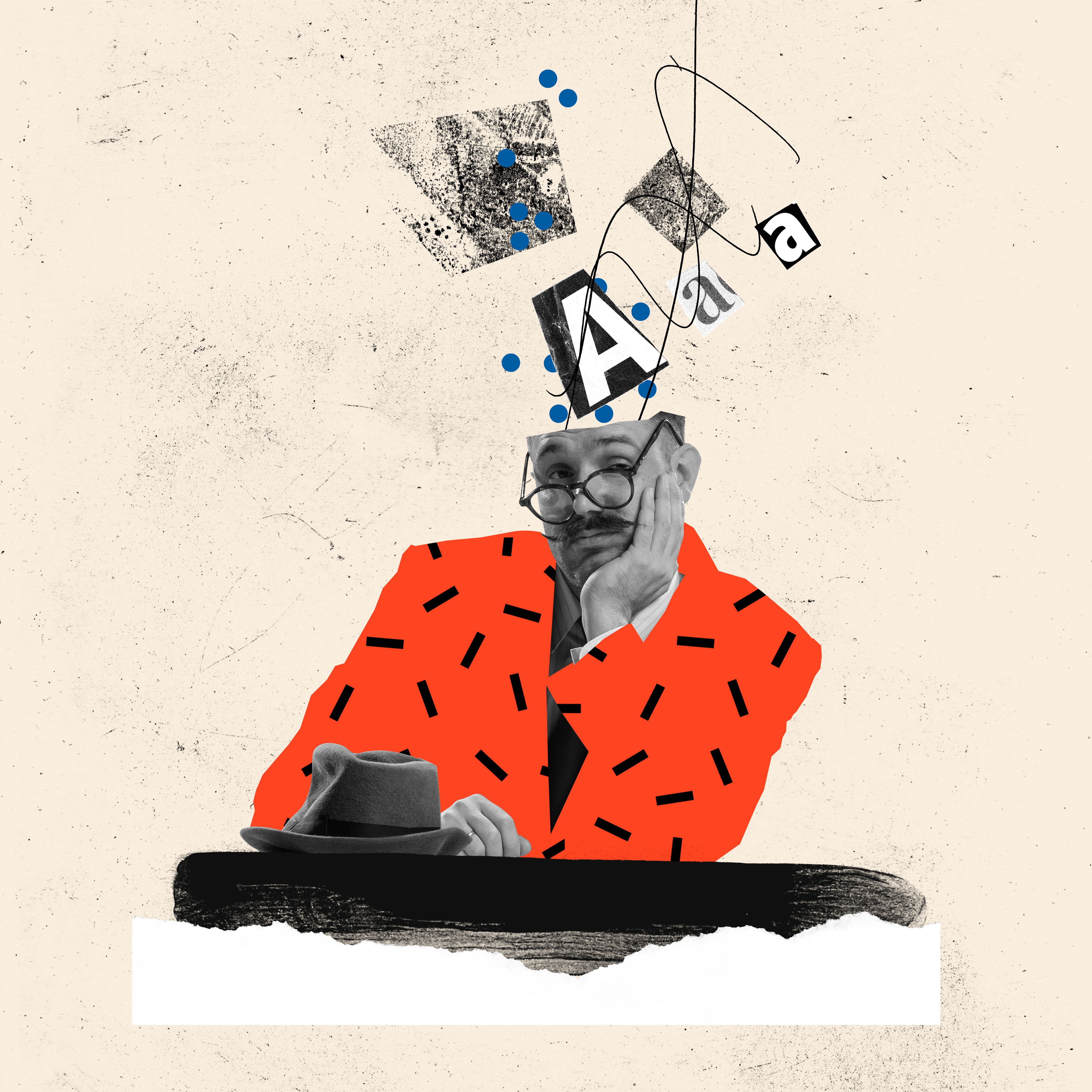 Brain wash. Young man in image of zombie with little drawn letter in his head isolated over abstract background. Mind control. Surreal contemporary art collage. Concept of fake news, propaganda