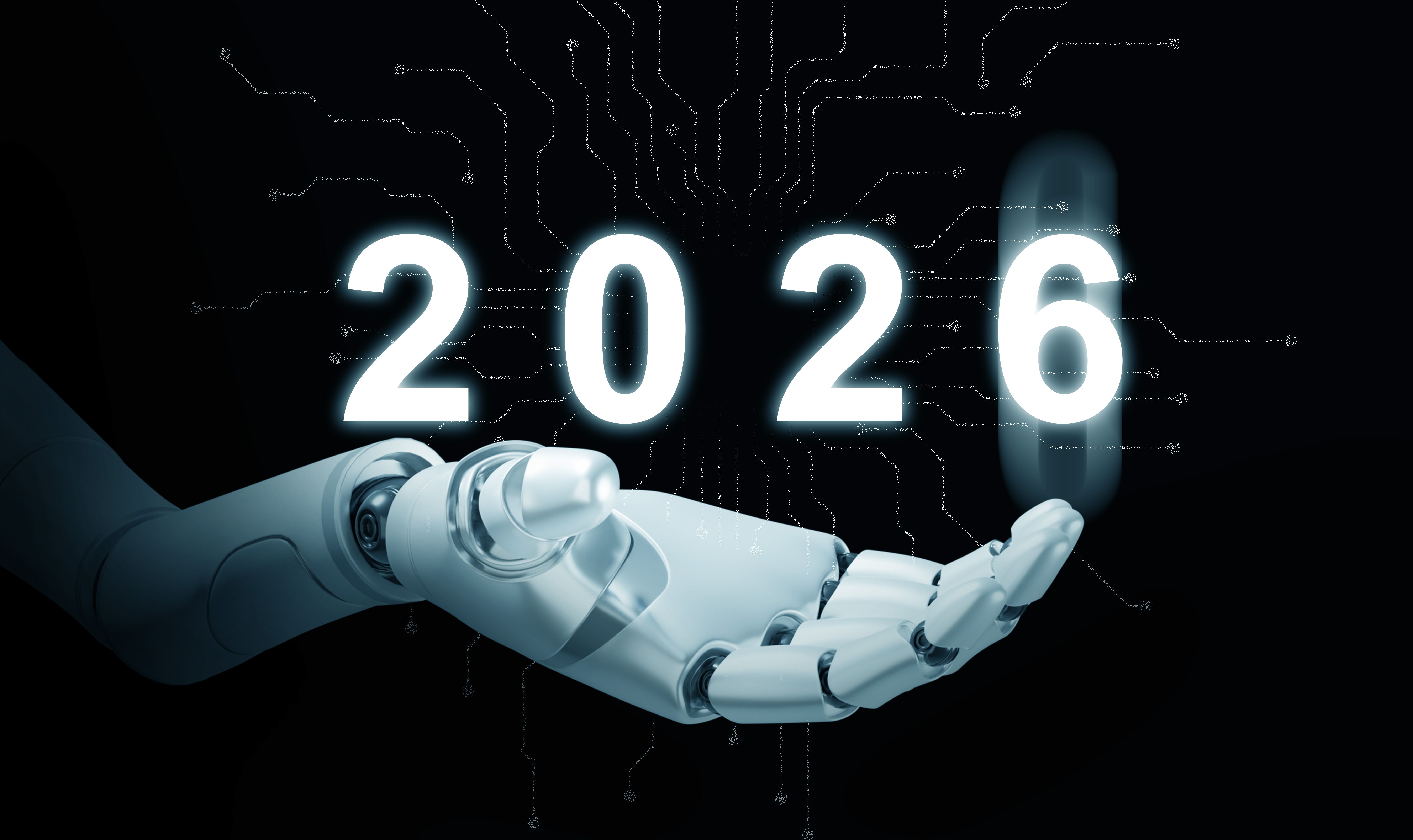 Happy new year 2026. Robot's hand holds the changing year to 2026 with a circuit pattern in the background, to start the new coming year.