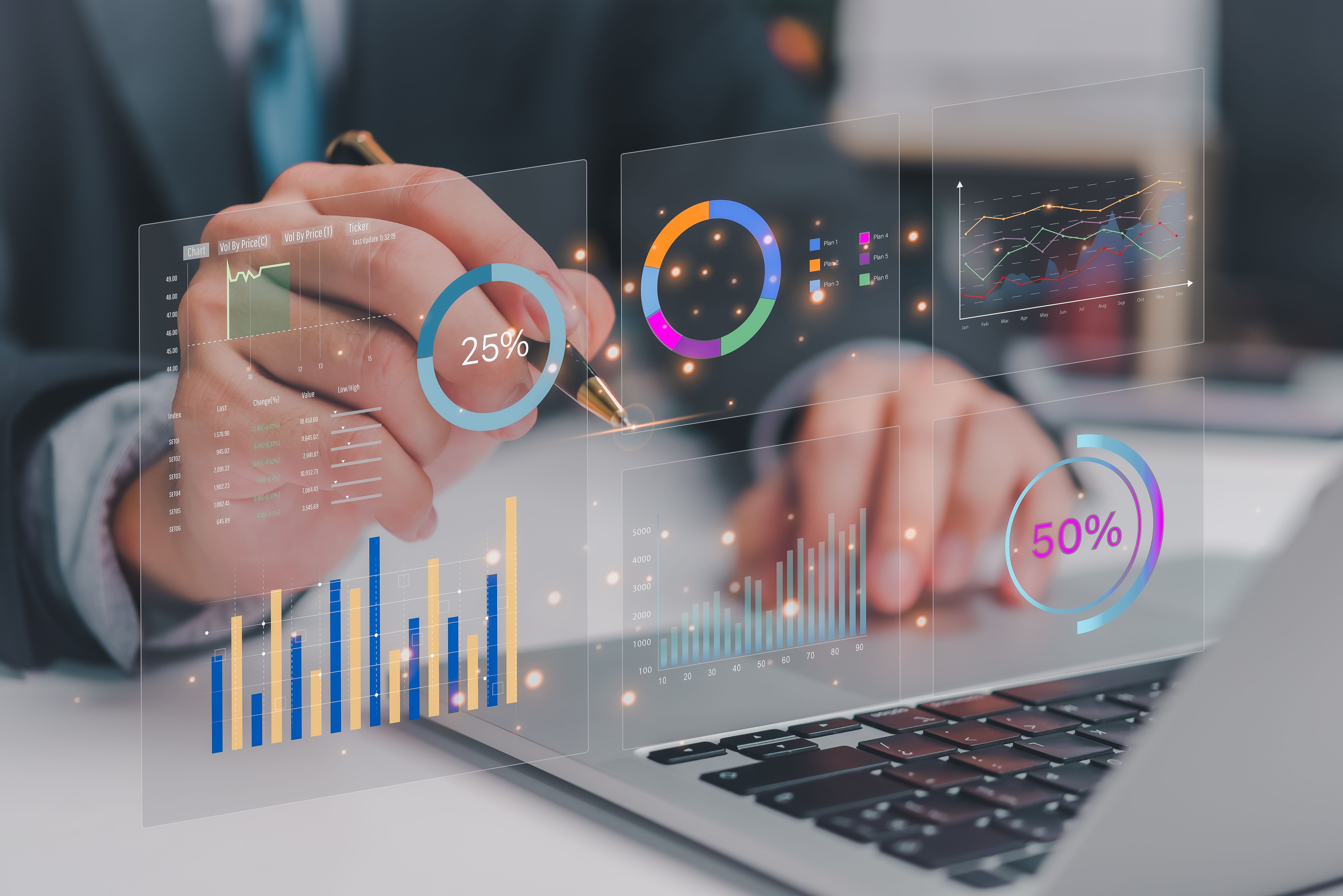 Business development and technology Data analyst for report marketing strategy planning. graph analysis and information on a futuristic virtual interface screen.