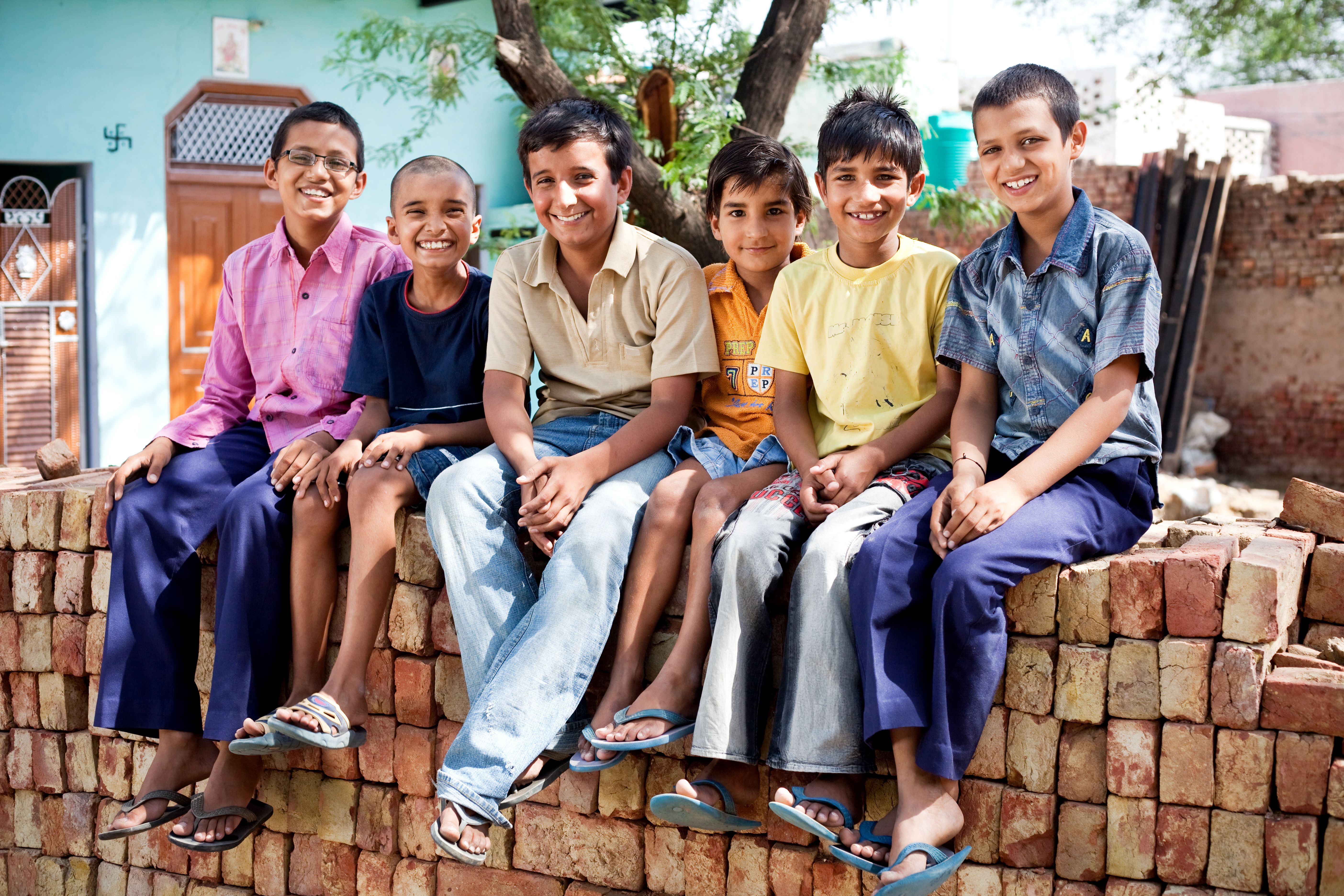 Cheerful Group of Six Rural Indian Children