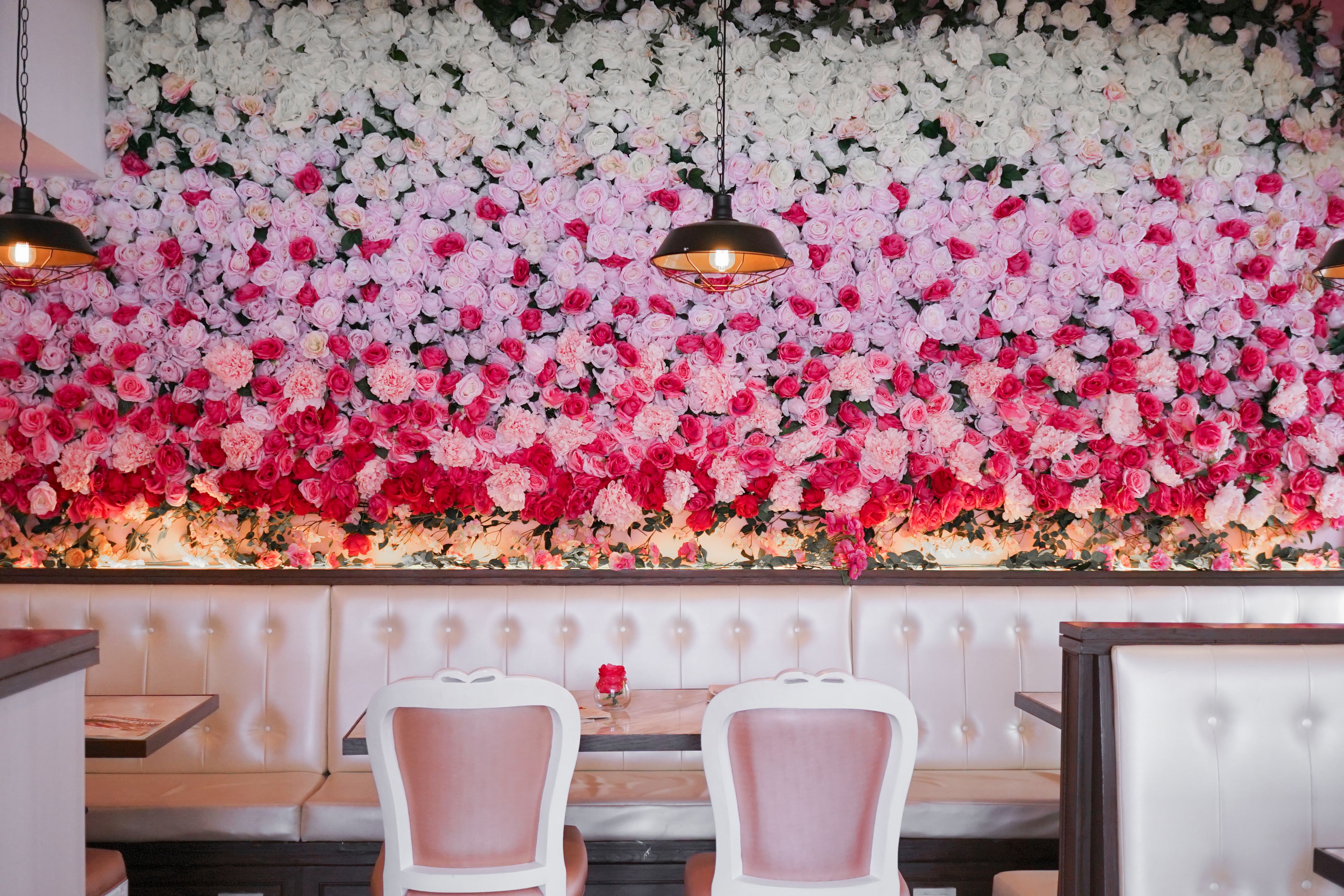 Beautiful rose wall decorated for Happy Valentine's concept. Roses are in pink, red and white.