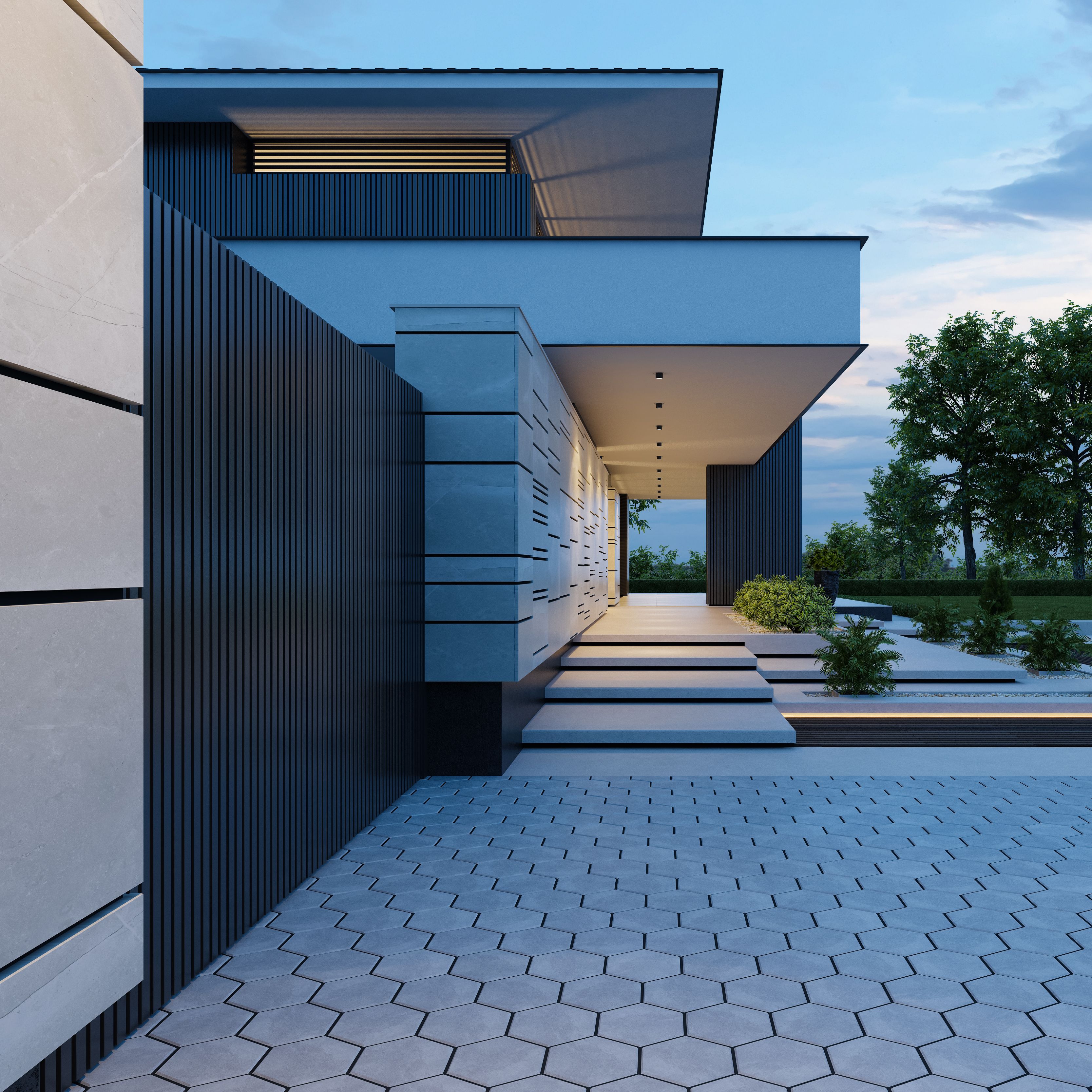 Contemporary Villa with Stunning Stone Facade and Front Yard at Sunset