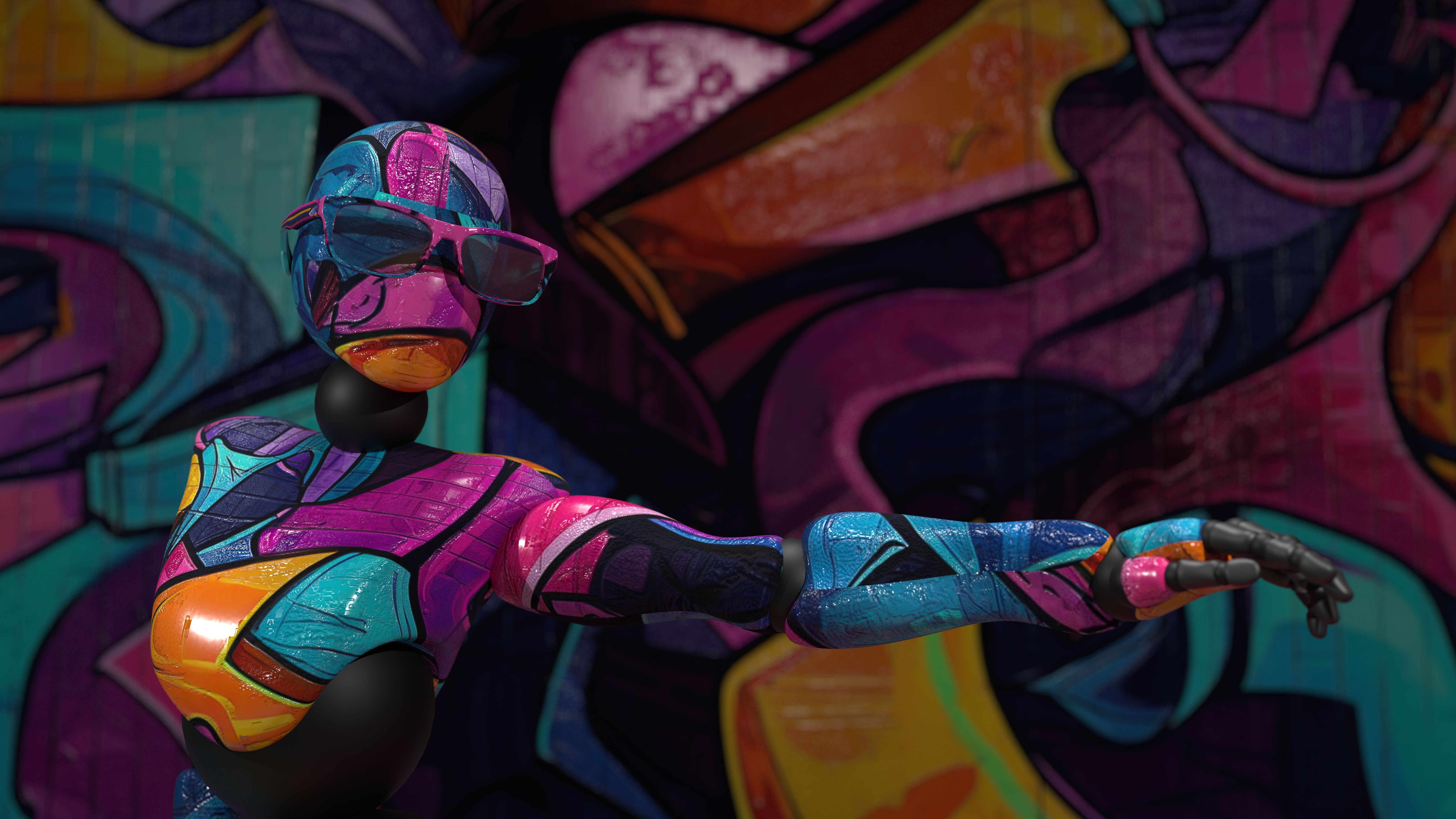 dancing abstract mannequin with graffiti-style texture