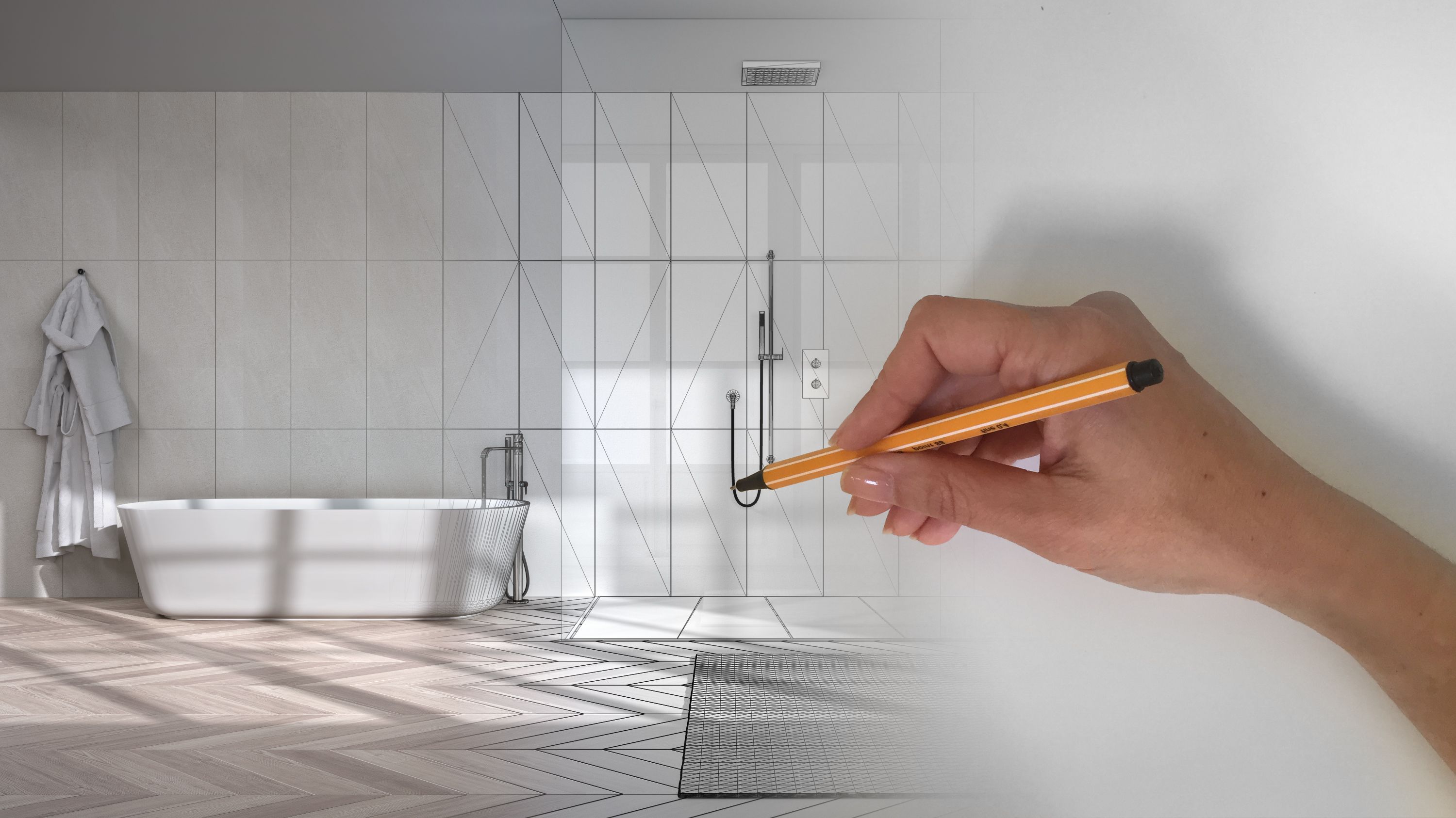 Architect interior designer concept: hand drawing a design interior project while the space becomes real, modern white bathroom with bathtub, walk-in shower, carpet and pouf