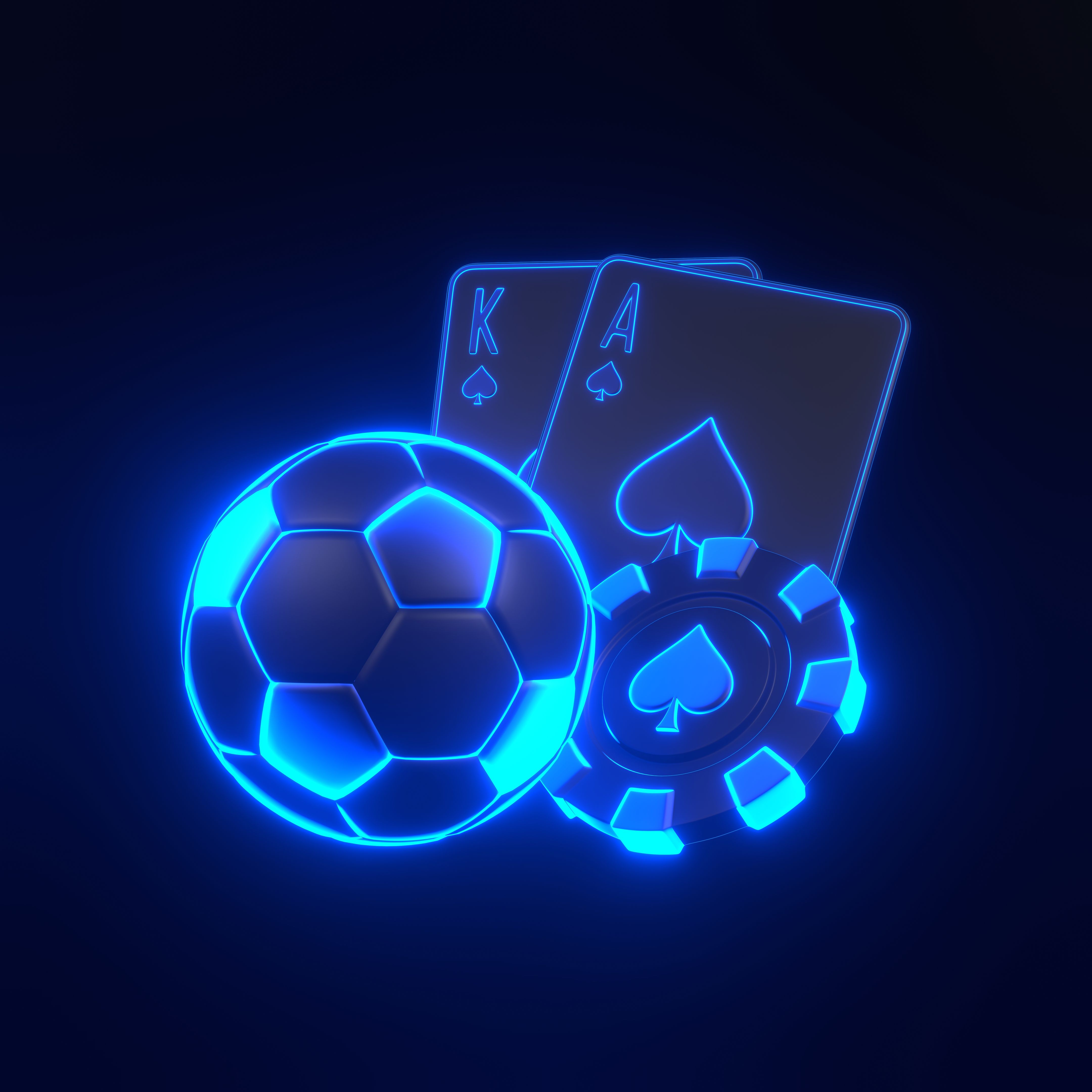 Neon Blue Soccer Ball with Playing Cards and Chip. 3D render illustration