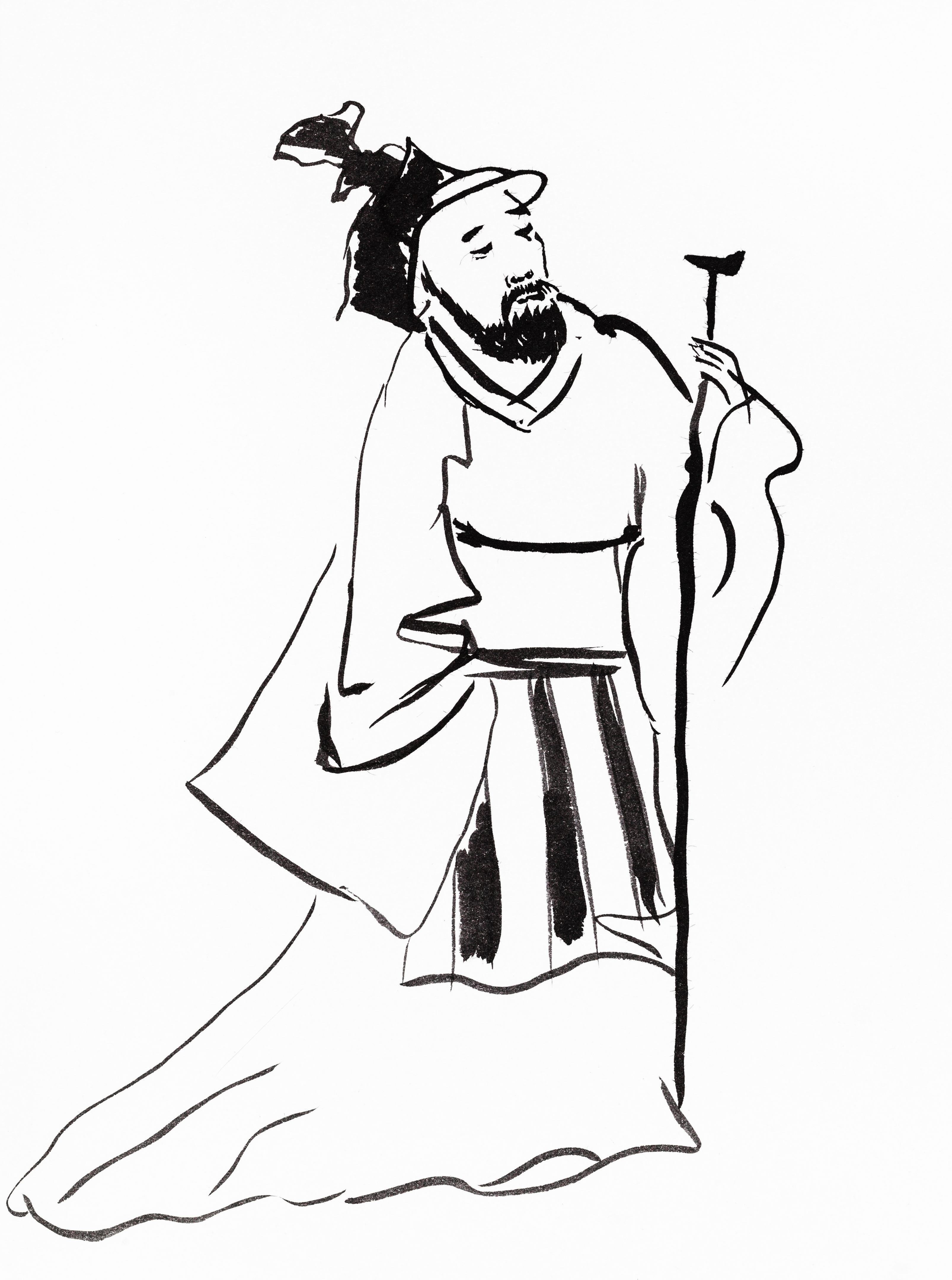 old chinese landlord hand drawn in sumi-e style