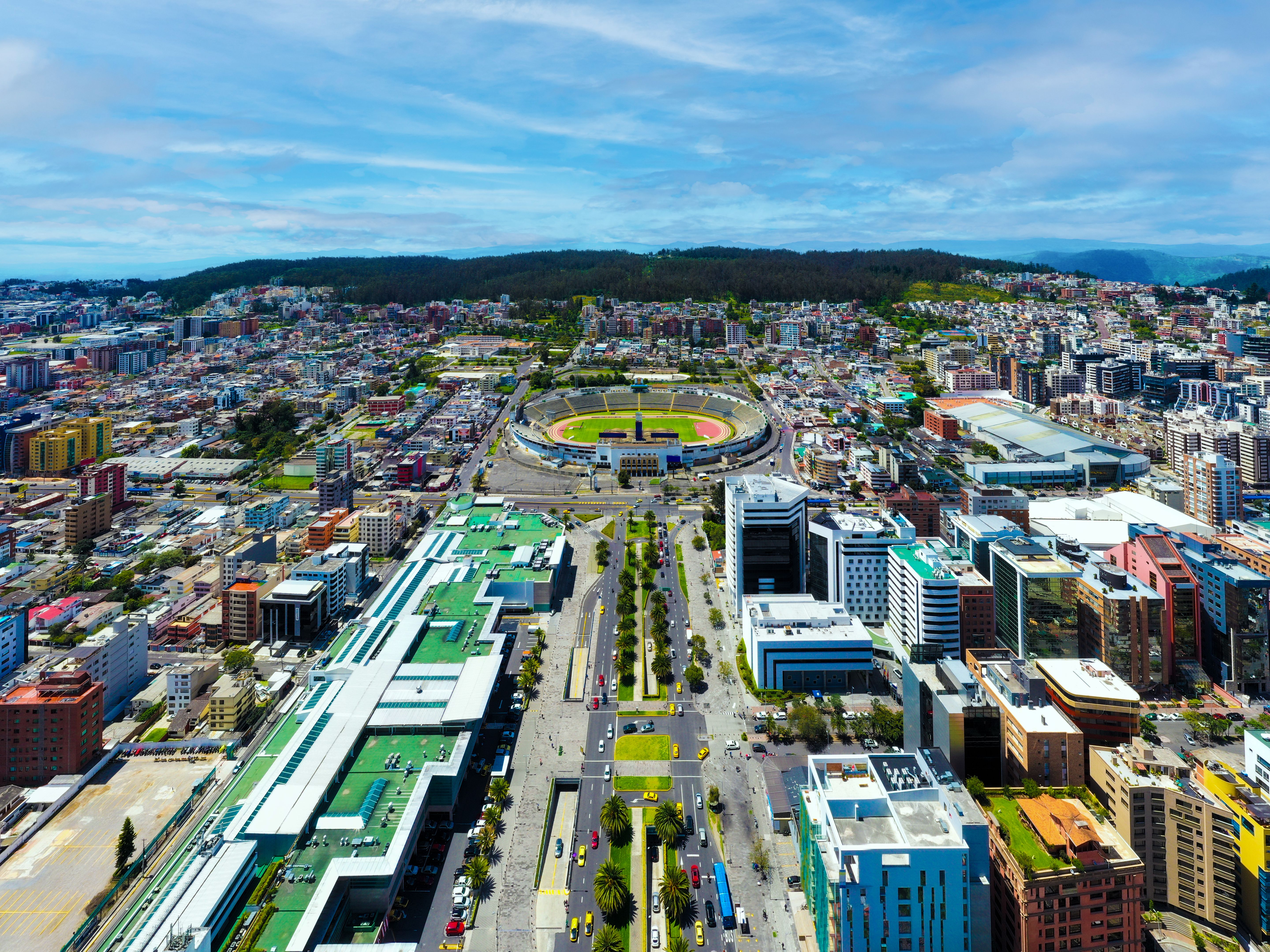 Aerial view over an empty football stadium inside a city Aerial view over an empty football stadium inside a city