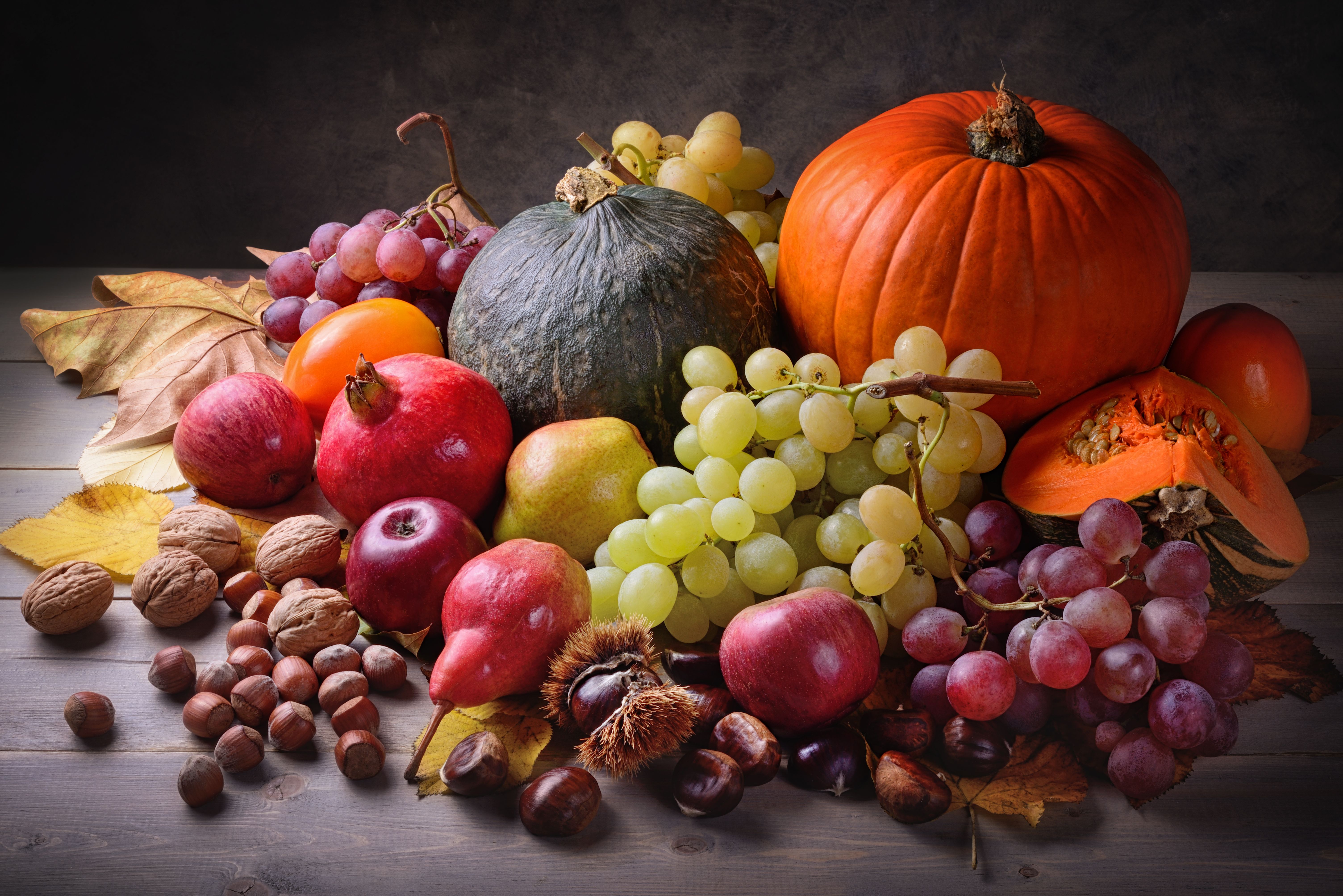 Pumpkins and autumn fruits in vintage setting, still life. Pumpkins and autumn fruits in vintage setting, still life.