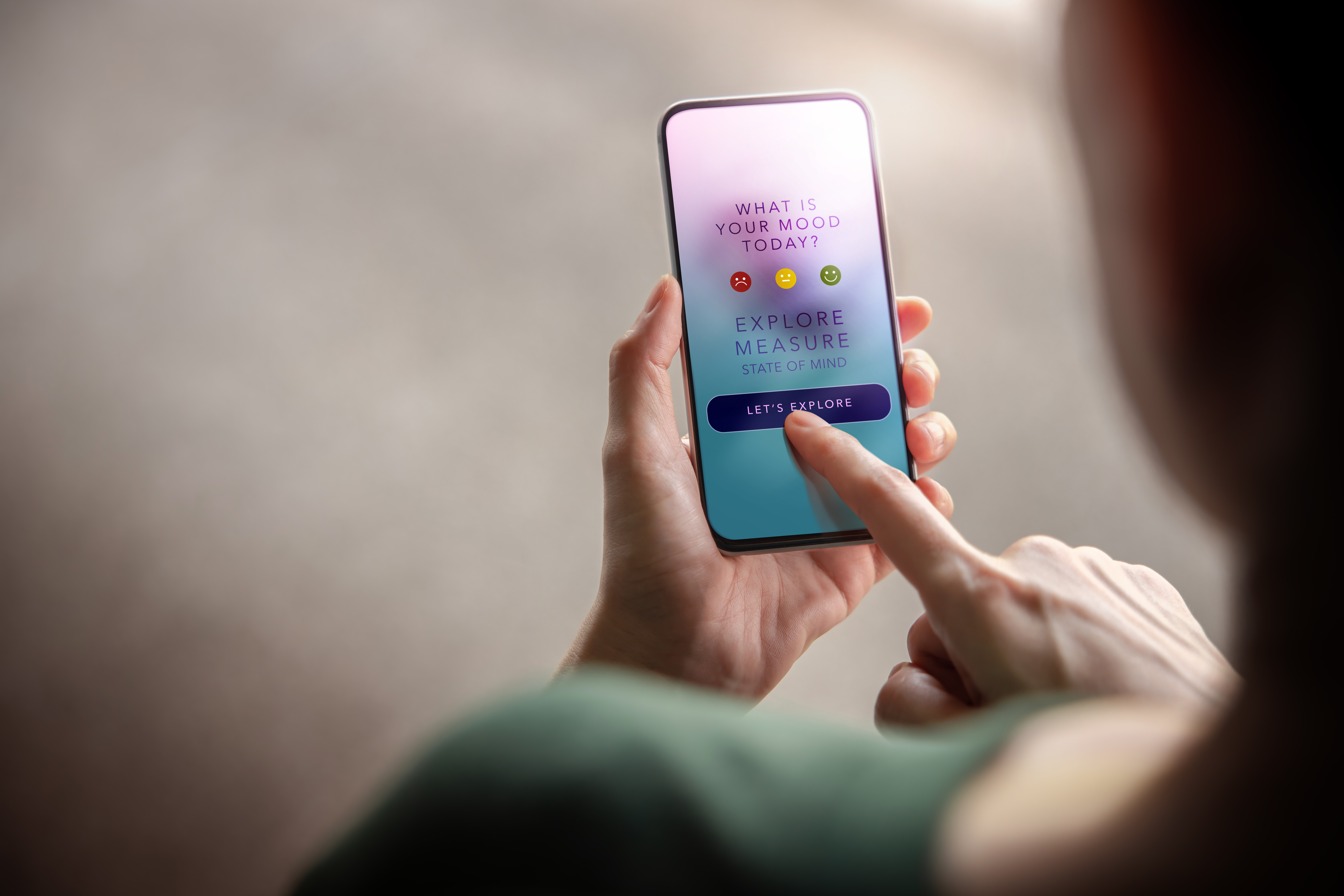 Mental Health Concept. Woman Using  Mobile Application to Checking, Healing and Practicing Mind. Self Care and Soothing Life. App show on Mobile Phone.. Top View