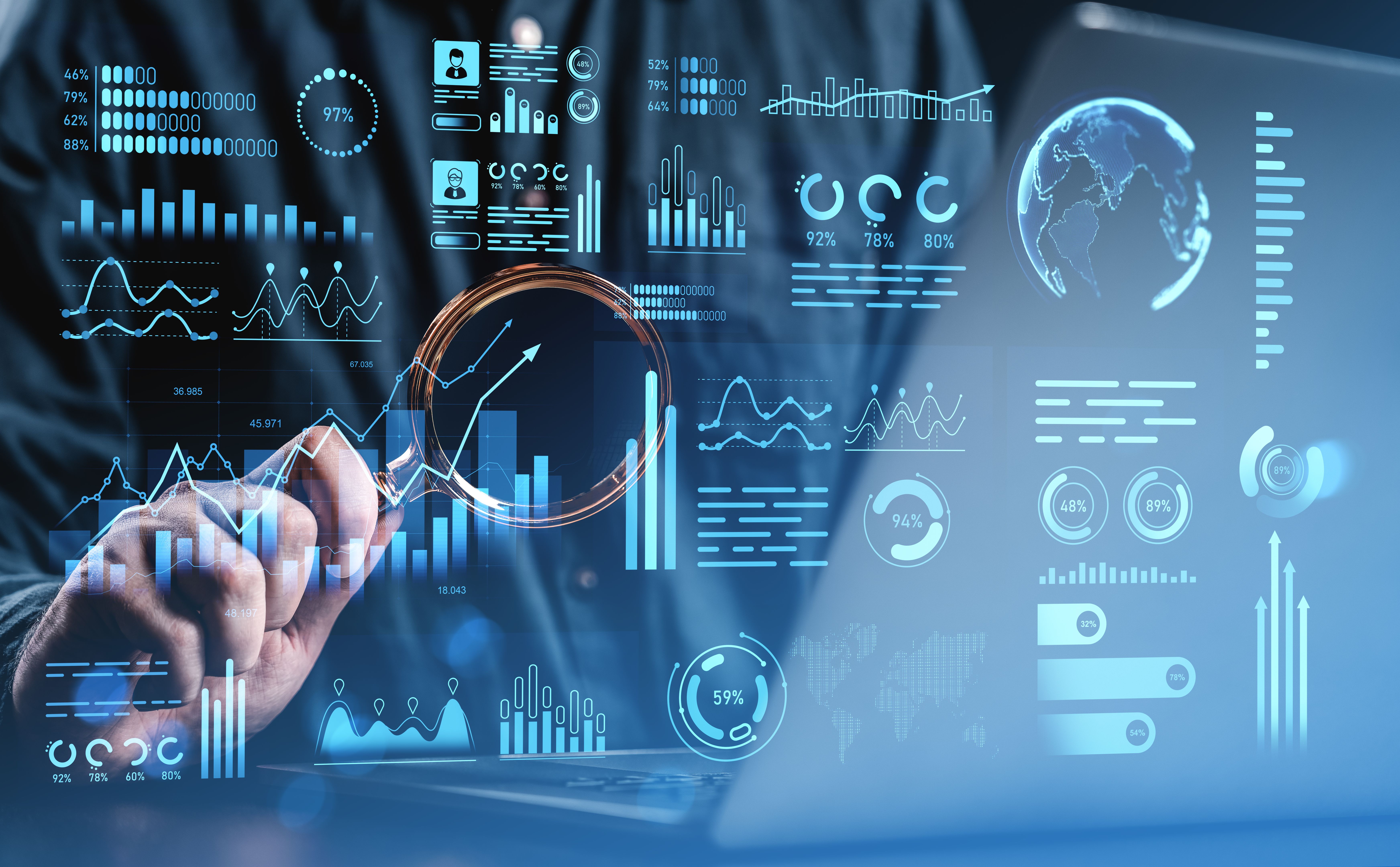 Business analytics dashboard with data charts and graphs in digital interface.