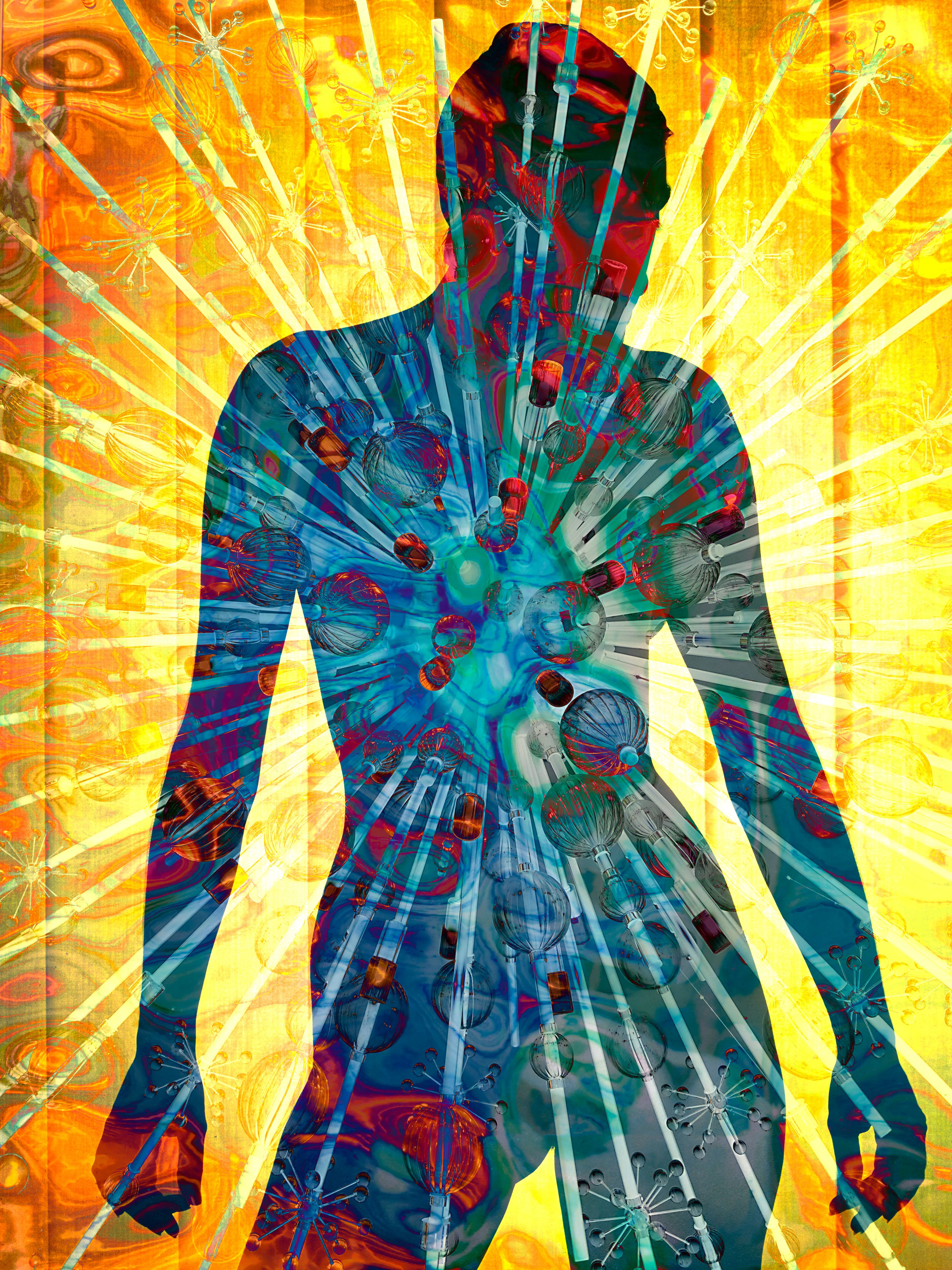 A radiant silhouette of a nude woman against a luminous background