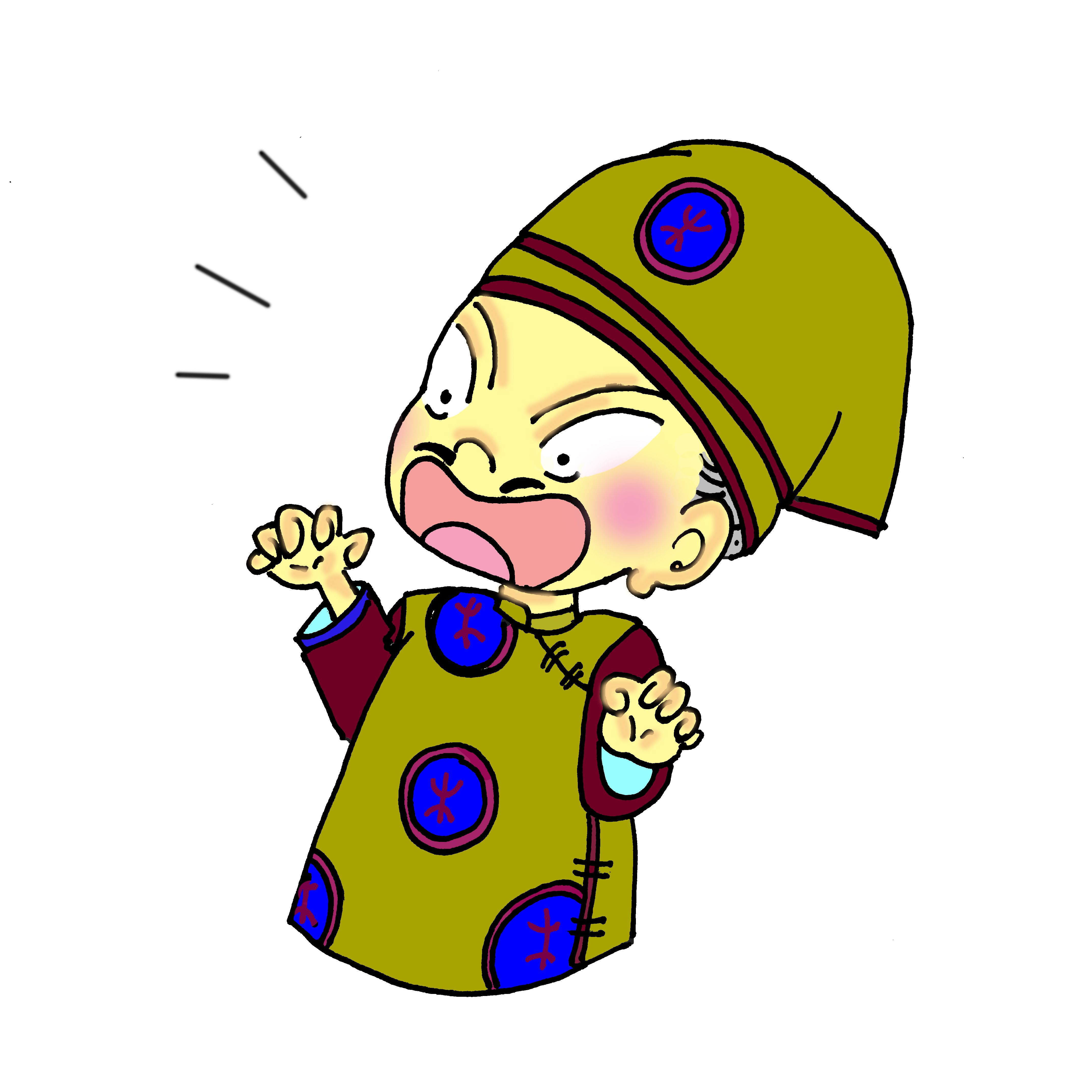 Drawing of Chinese man in traditional dress with frightened action