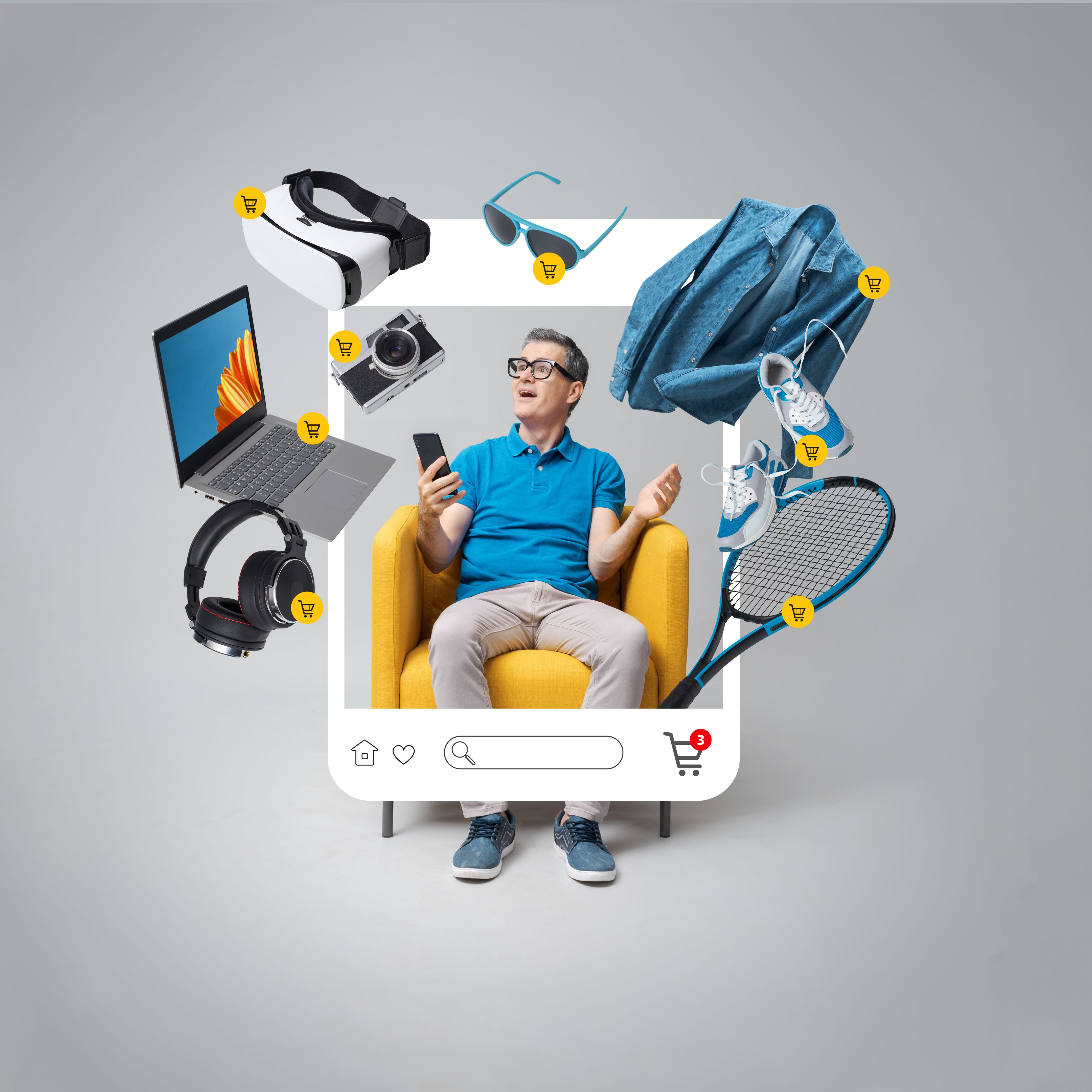Cheerful man doing online shopping