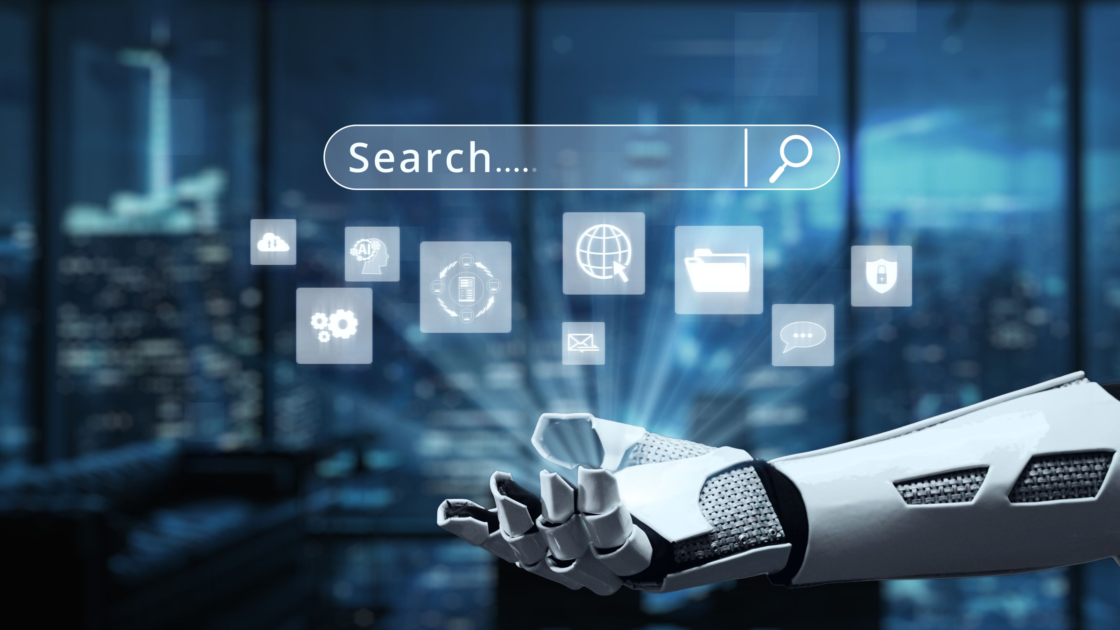 Futuristic Robotic Hand Reaching Out to Search Icon with Digital Interface in a High-Tech City Background at Night, Concept of Innovation and Technology. Auvana