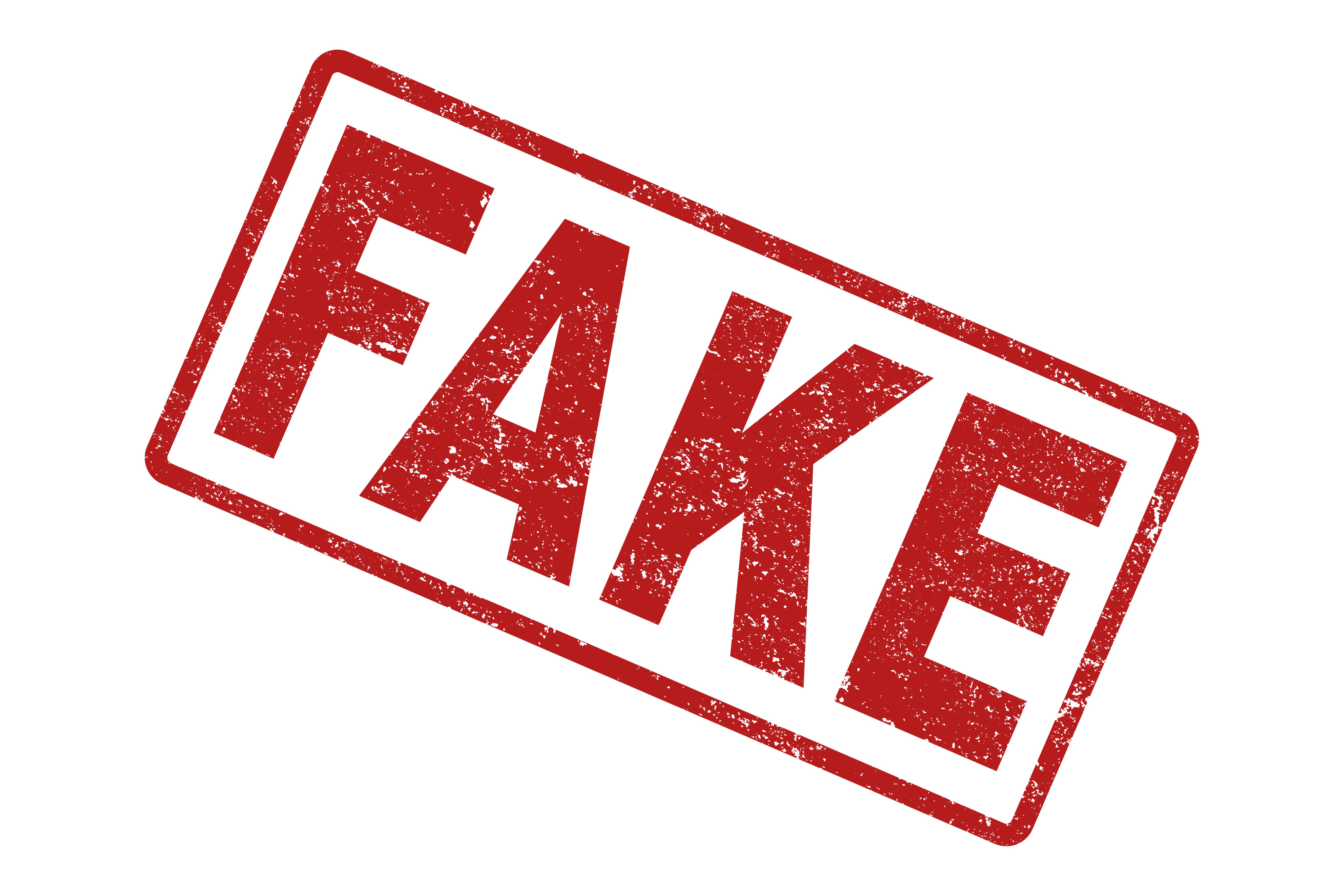 Red Fake stamp design on white background. Grunge rubber stamp with word Fake in red. Flat design.