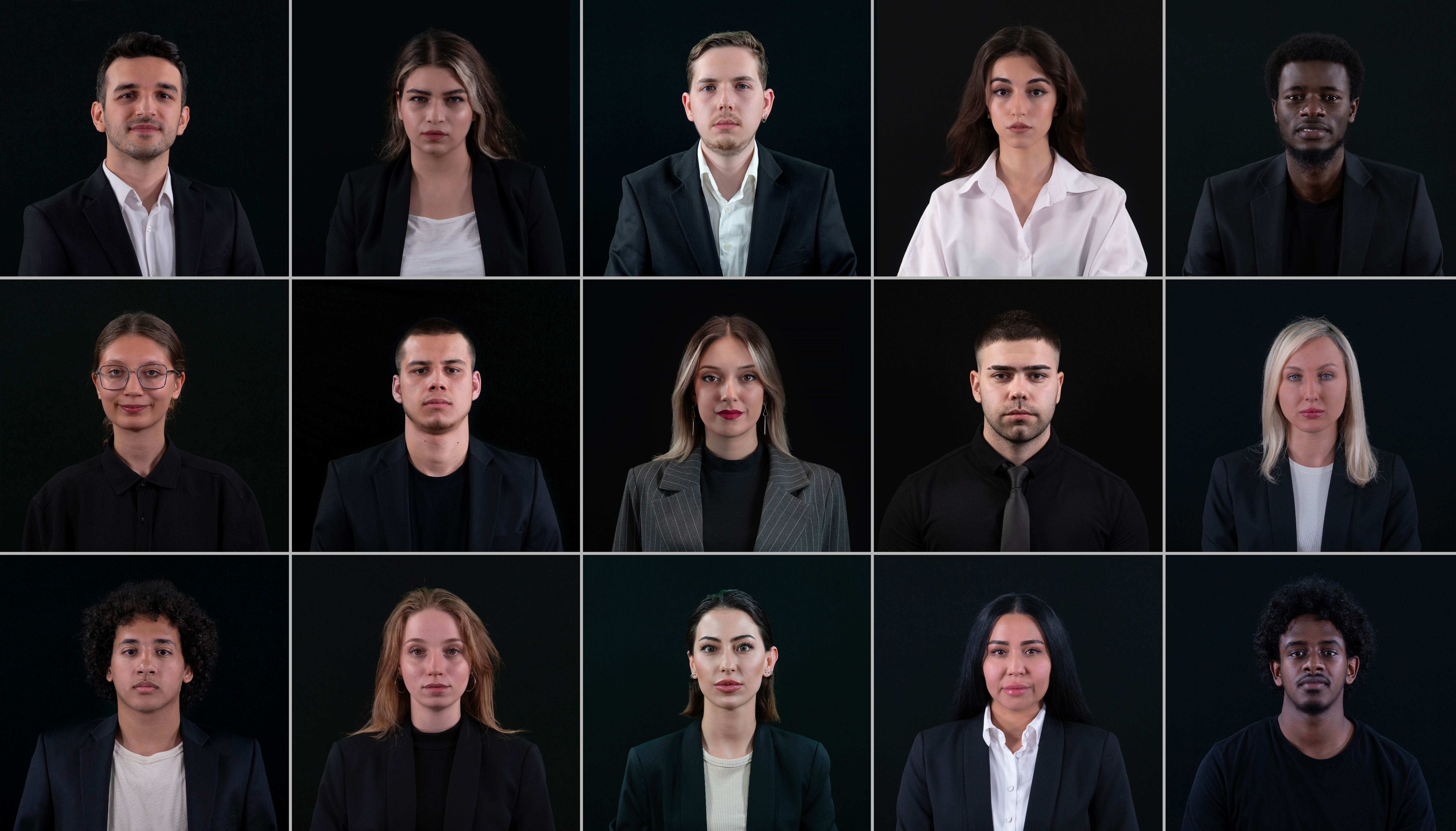Collection collage set image - body portrait many different businesspeople professionals, confident men and woman, employee executive, isolated black background. Business people at studio. Teamwork. Diverse young people positive and negative emotions set.