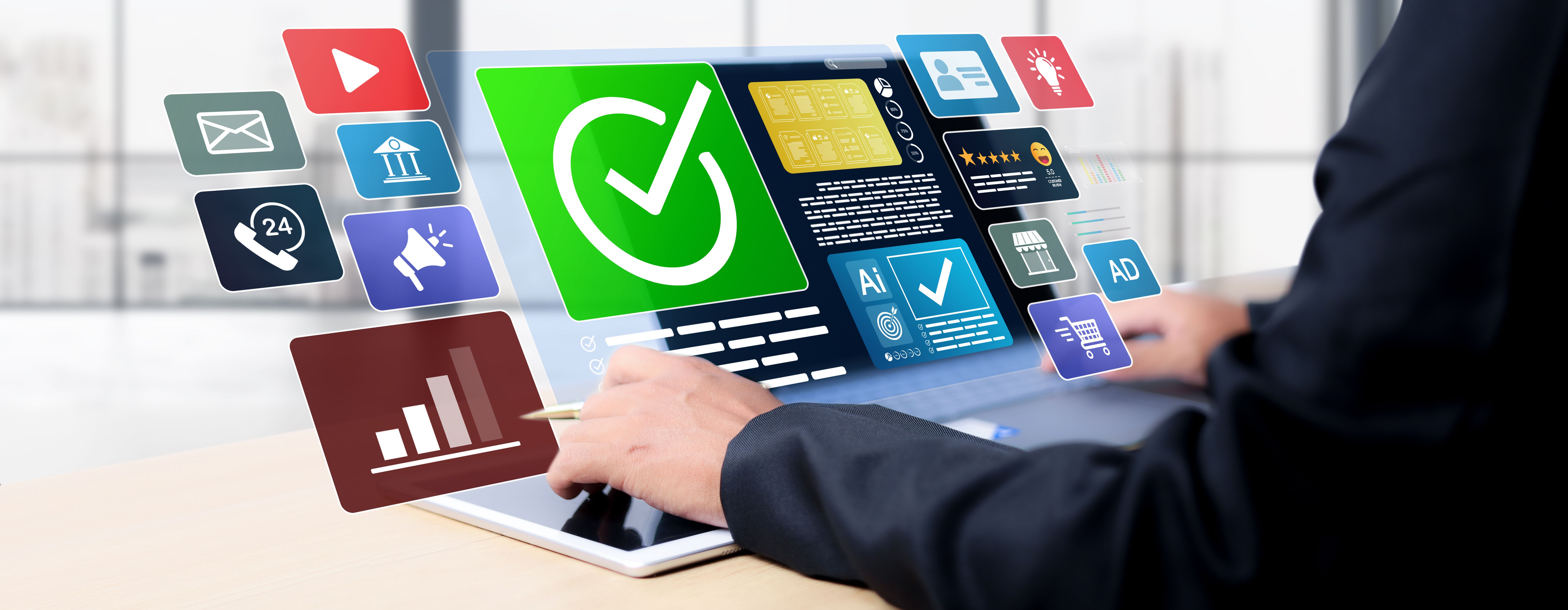 Businessman Take an assessment, Check list, questionnaire, evaluation, filling out an online survey form. Answer the test questions. online survey exam Choosing the right answer in the exam,