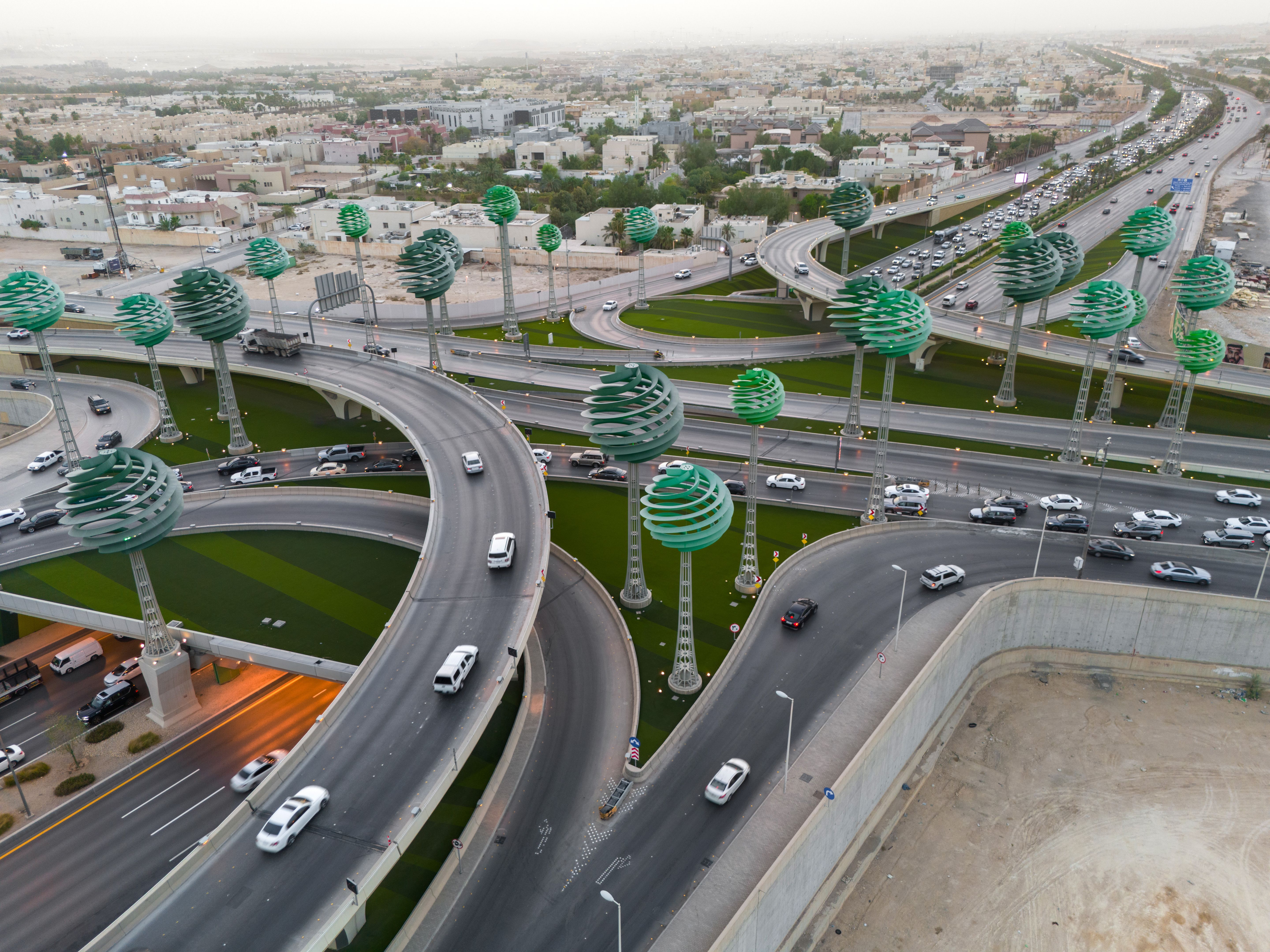 Drone photo of busy motorway The Green Field Riyadh KSA
