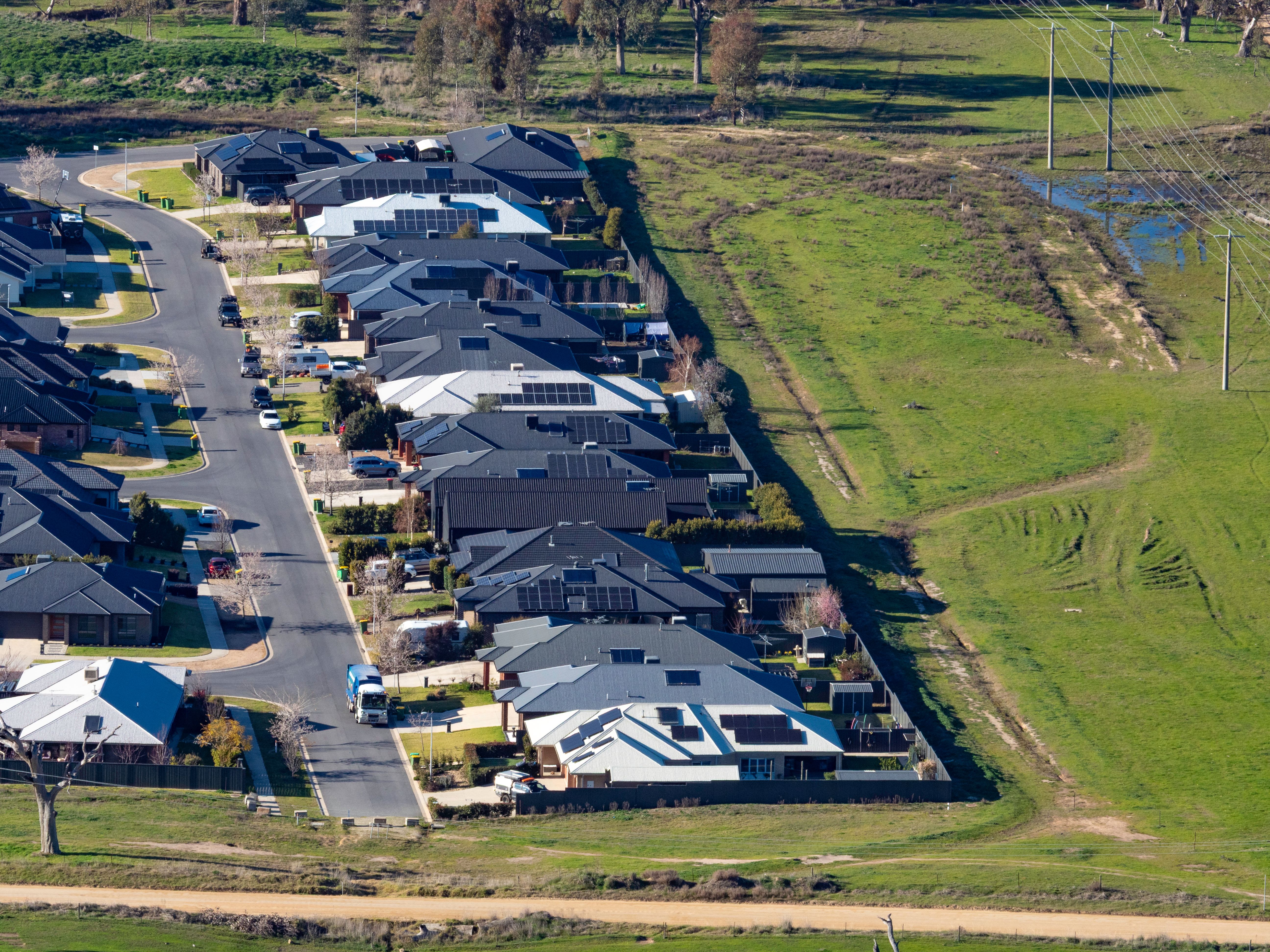 High angle view of Suburban houses close together