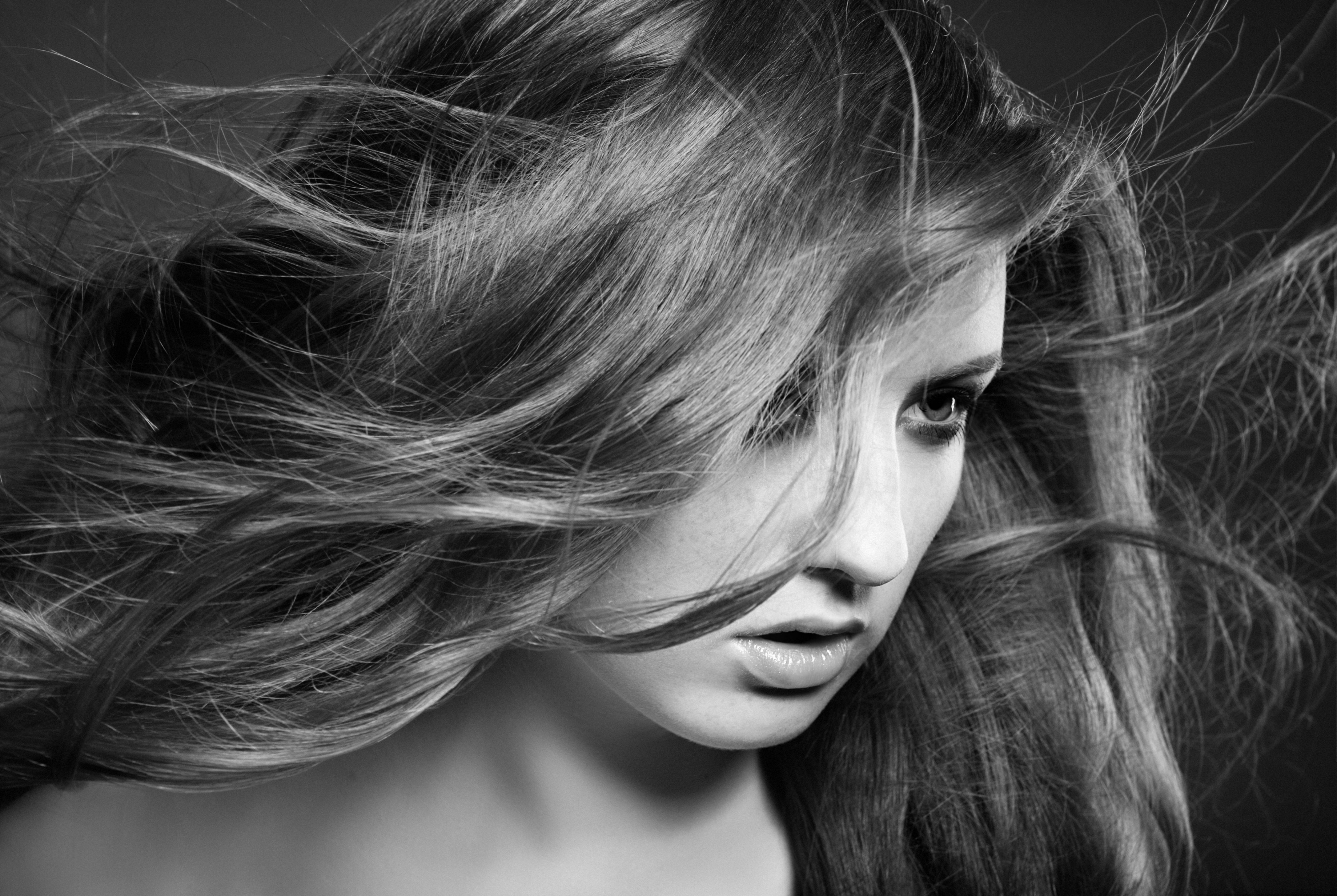 woman with flying long hair