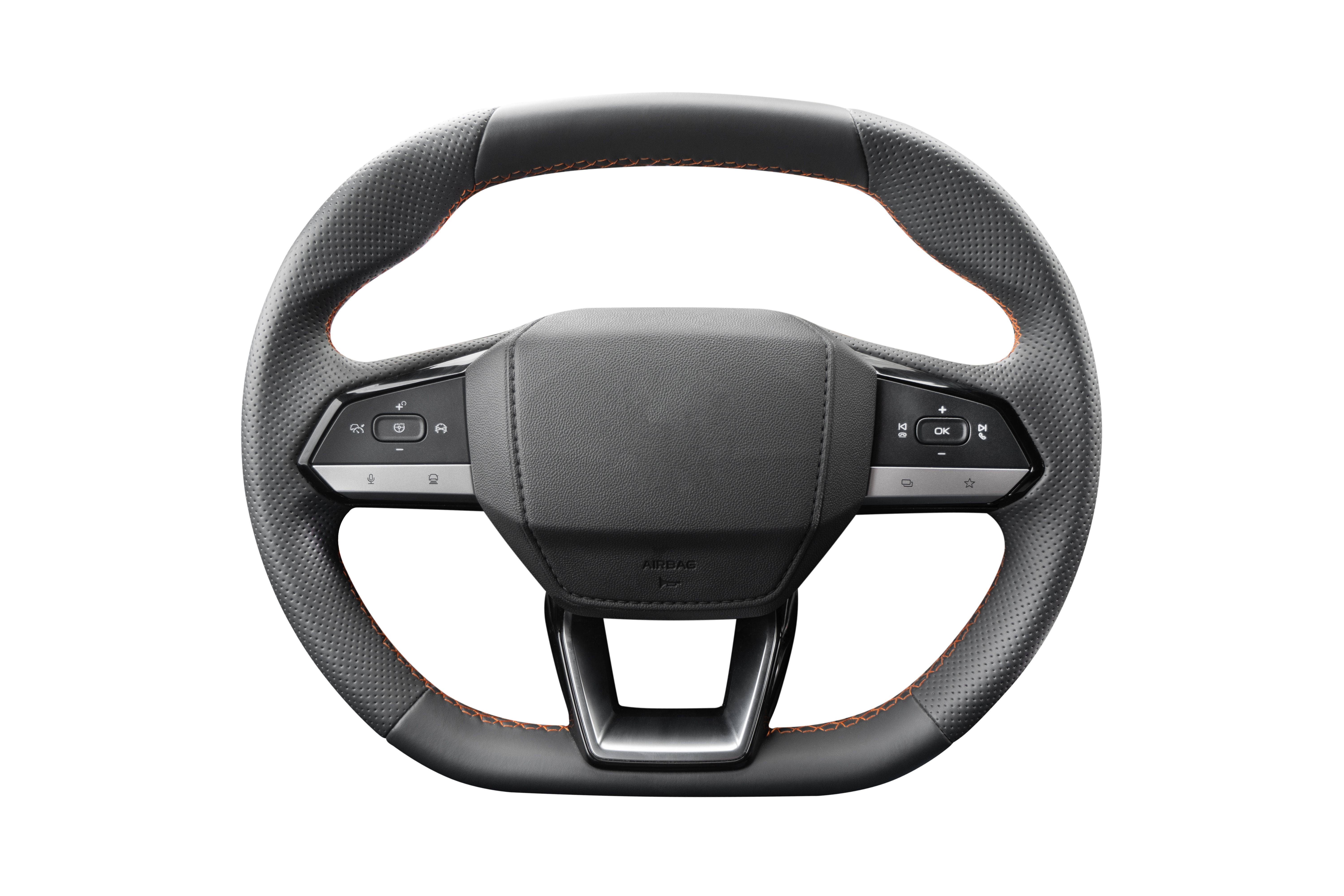 Modern car interior. New  modern steering wheel with media phone control buttons isolated on white background. Car interior details. Steering wheel isolated on white background