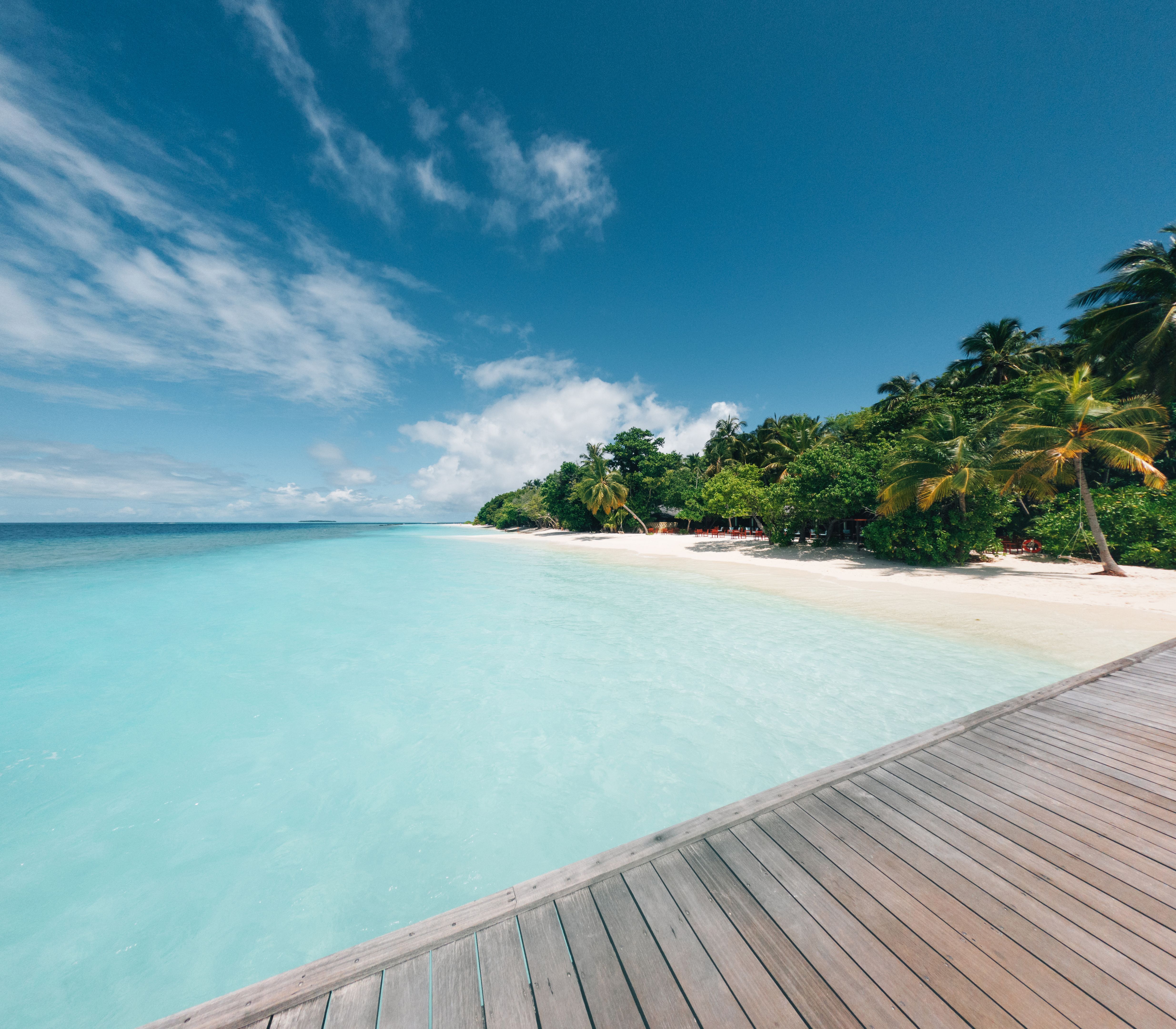 Wooden pier overlooking tropical beach in Maldives